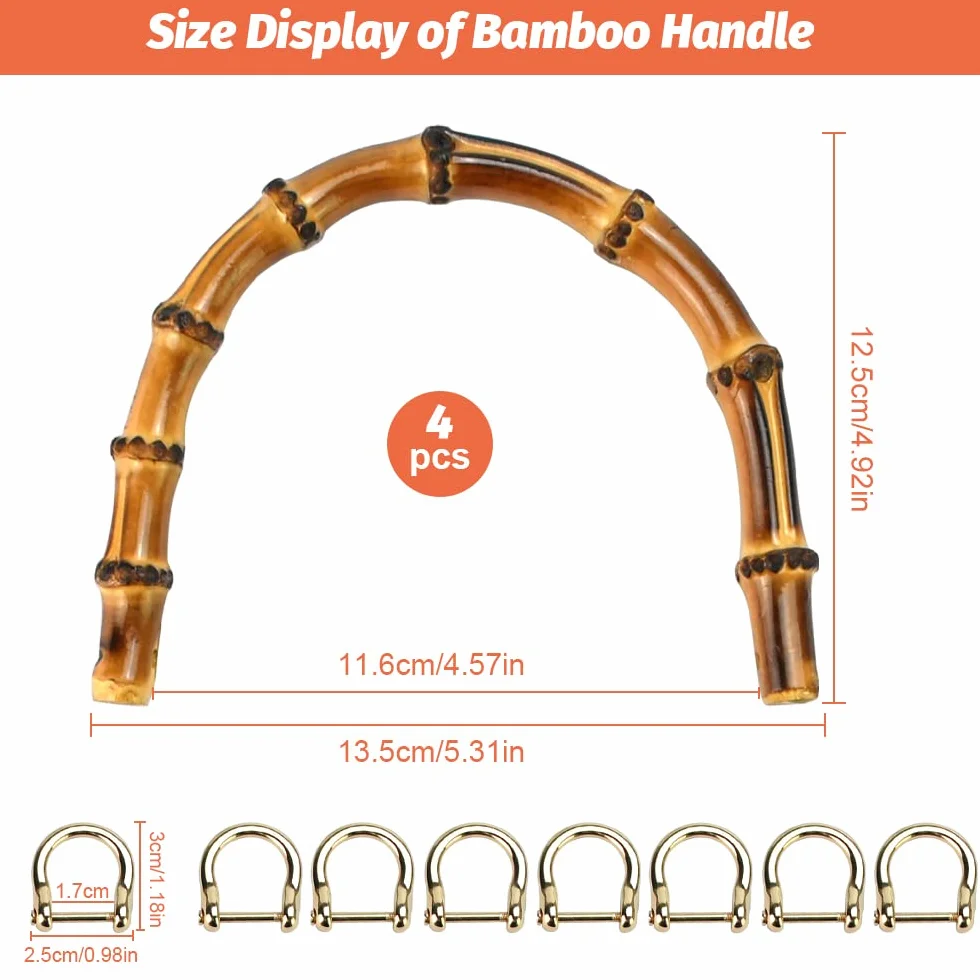 REFORUNG 4 Pz Manici in Bambù per Borse, Maniglie a Forma di U per Fai Da Te, Uncinetto Artigianale con 8 Pz Anelli in Metallo per Tote, Borsette