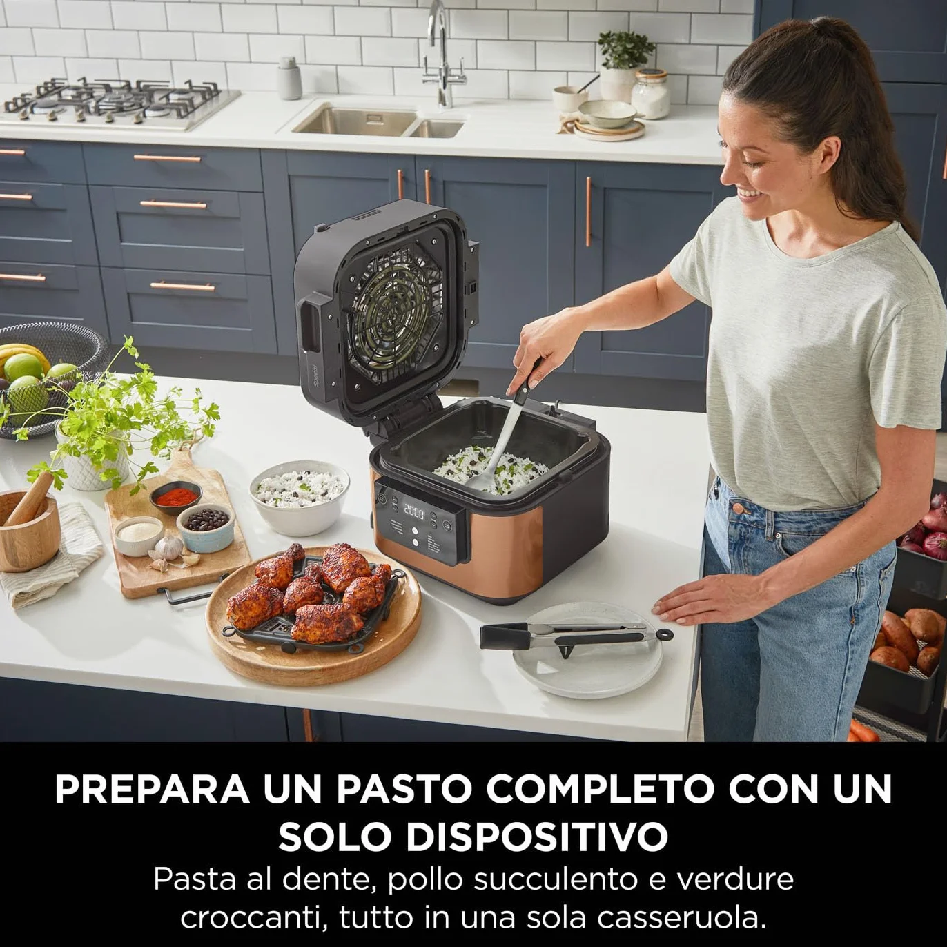 Ninja Speedi Pentola Elettrica Rapida 10 in 1, Friggitrice ad Aria, 5,7 l, Pasti per 4 in 15 Minuti, Frittura ad Aria e Cottura al Vapore, Nero/Rame, ON400EUCP