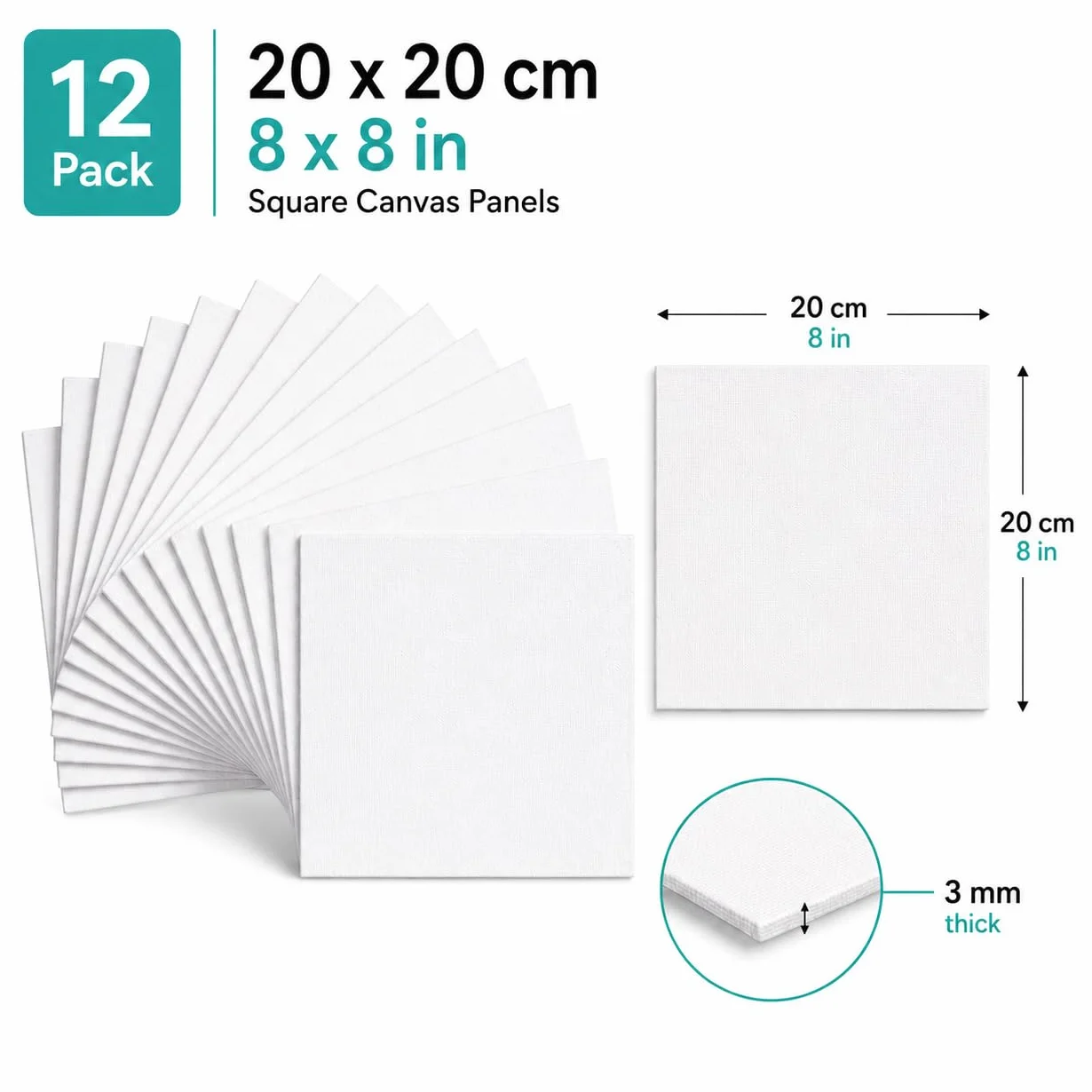 Exerz 20x20cm Pannelli in Tela 12pz - 3mm/ 280gsm/ 100% Cotone Cartoni Telati d’Artista Bianca per Pittura/Vuote/Tre Strati di Gesso/Prive di acidi/Grana Media - Olio o Acrilico