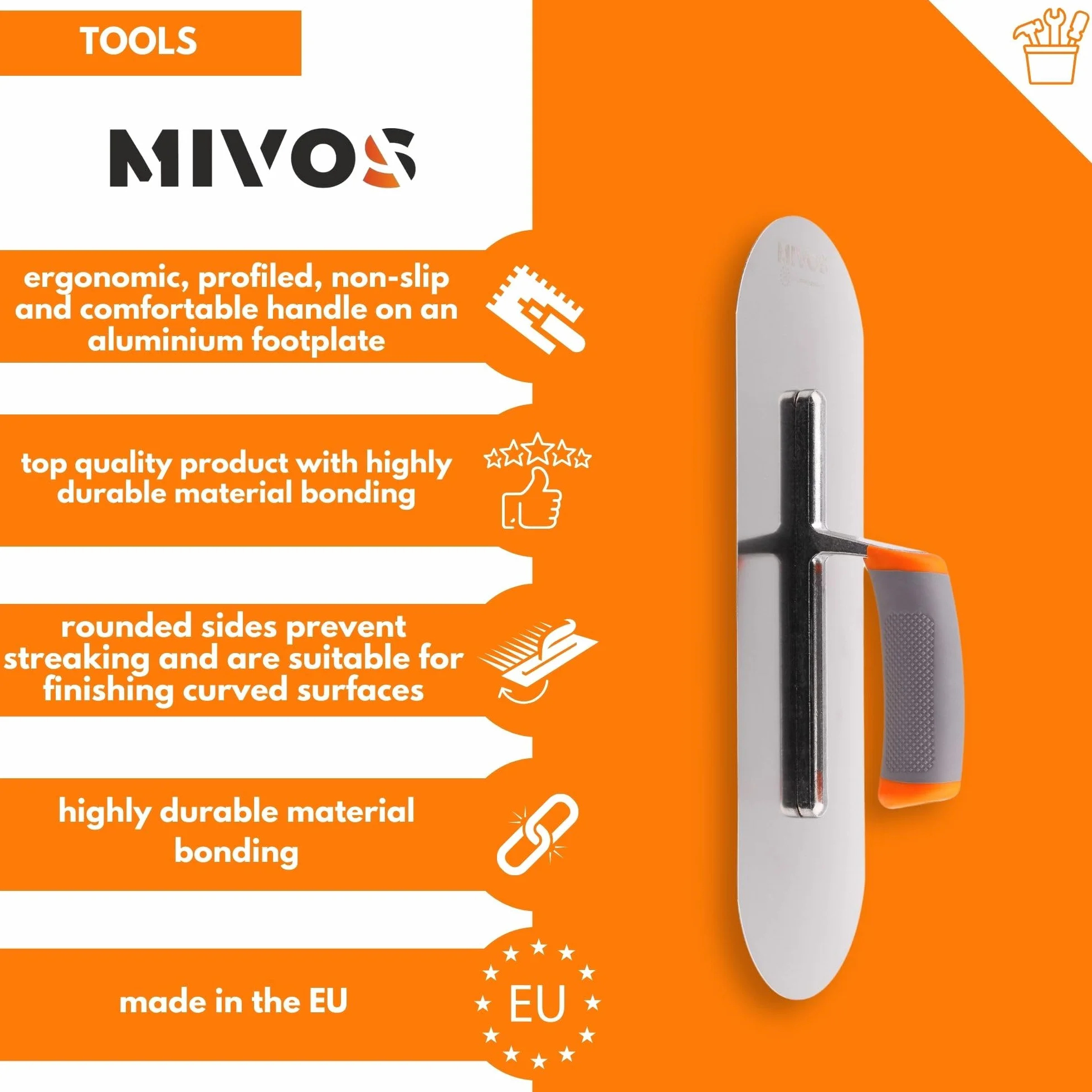 MIVOS Cazzuola in Acciaio inox - 375 x 130 mm - Mezzo Tondo - Impugnatura Ergonomica e Morbida - Tavola Lisciante per intonaco e Muratura - Disco Lisciatore - Made in Ue