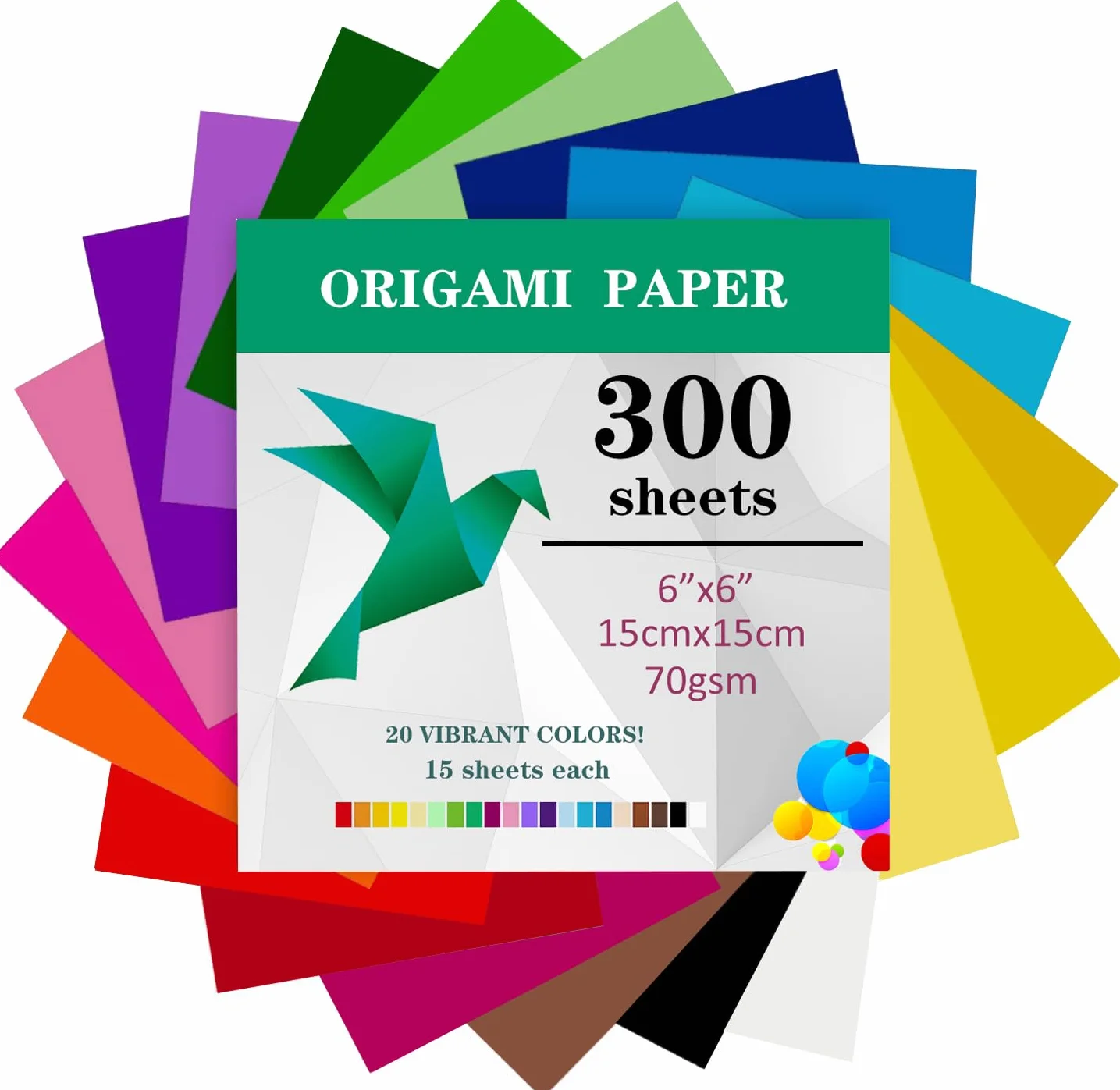 300 fogli di carta per origami, 15 x 15 cm, doppia faccia (70 g/m²), 20 colori piccoli quadrati di carta per origami per bambini, fai da te, scuola, progetti artigianali, bambini e adulti