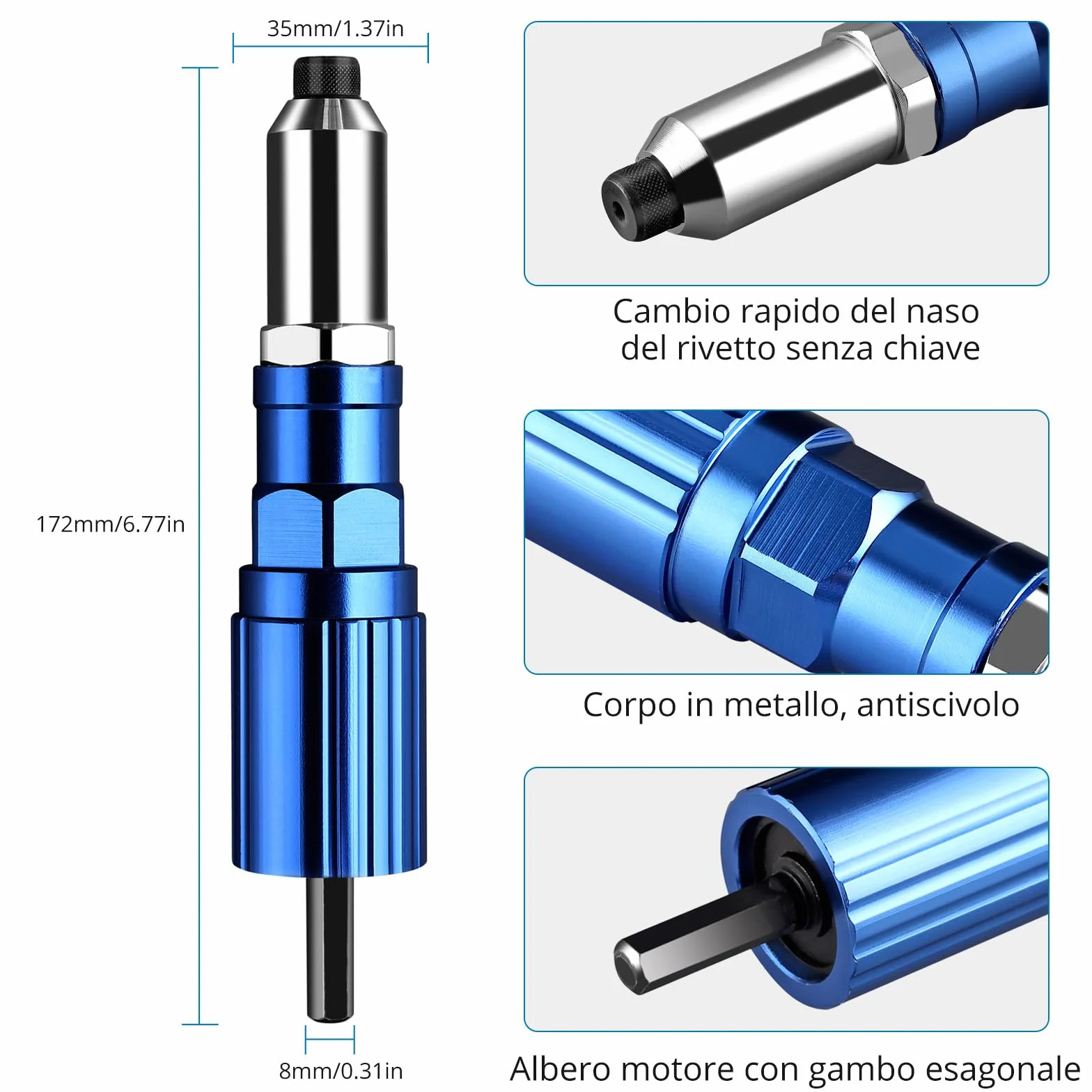 AUTOUTLET Rivetto per Trapano Avvitatore a Batteria, Adattatore Elettrico con Naselli 2,4/3,2/4,0/4,8 mm e 80 Rivetti Ciechi Alluminio Acciaio Inossidabile