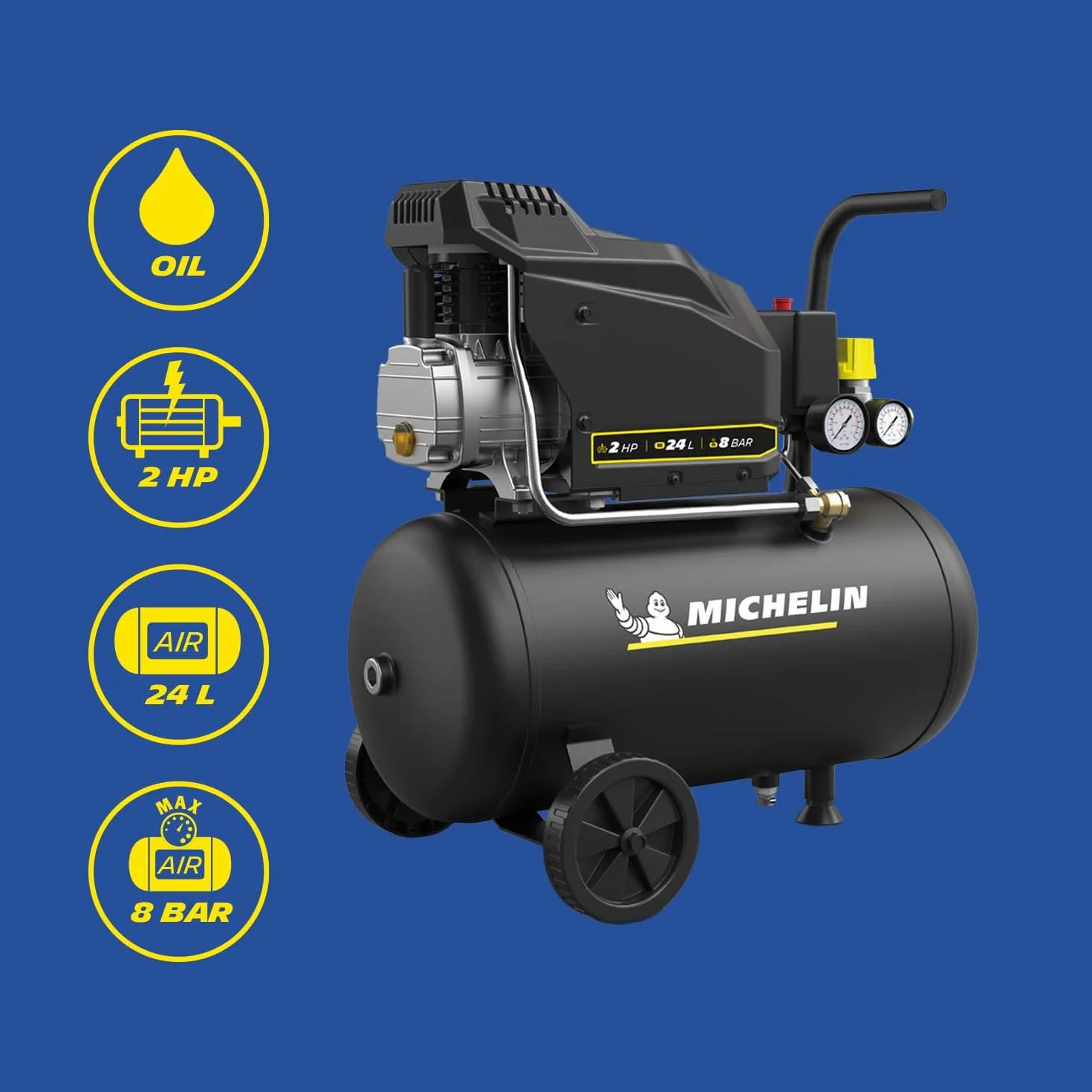MICHELIN, Compressore d’Aria MX POP AIR 24-2 L, Serbatoio 24 Litri con ruote, Motore da 2 hp, Pressione Massima 8 bar, Portata d’Aria 195 l/min