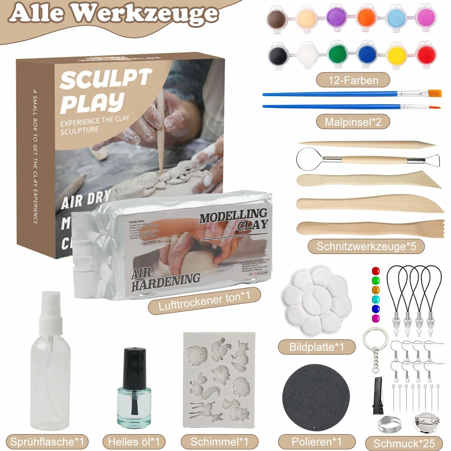 Augesak Kit di Argilla Senza Cottura, Argilla da Modellare, Kit Ceramica Fai da te Adulti Bambini, Pottery Kit-Contiene Argilla Senza Cottura, Attrezzi, Colori, Pennelli