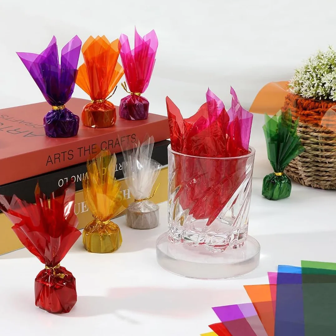 KIRZAX 80 fogli di cellophane, 8 colori diversi, carta trasparente per dolci, fai da te, arte, artigianato, decorazione