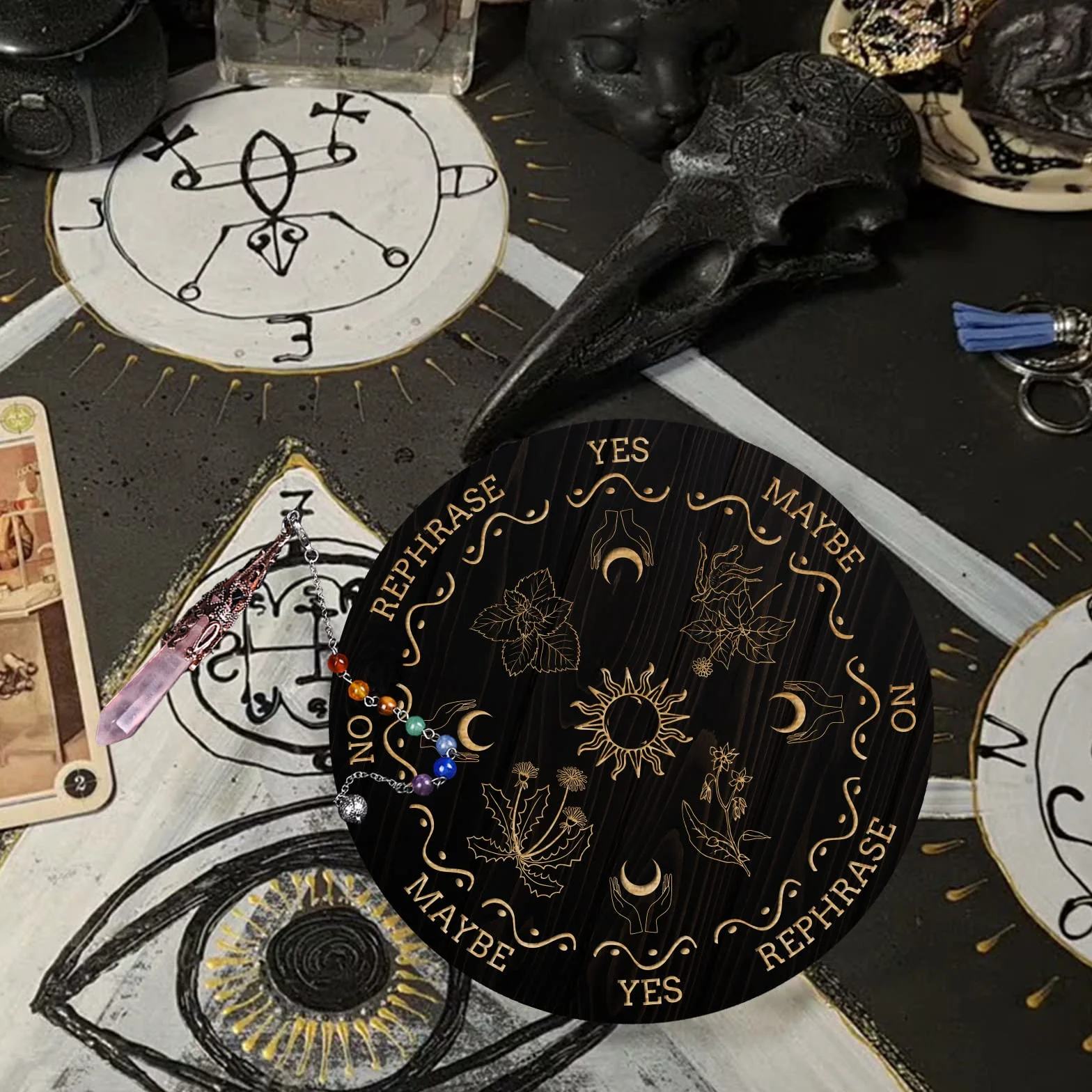 ANAHDMAKER Planchette per Rabdomanzia In Legno 7.8" con Pendoli In Cristallo di Quarzo Rosa Strumenti Divinazione