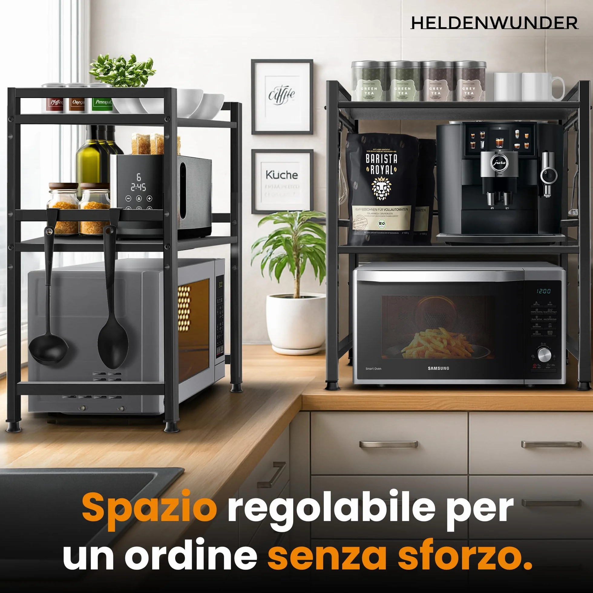 Heldenwunder Mensola MobileCucina Salvaspazio Acciaio (2 Ripiani) | Organizer Forno Mobiletto Scaffali | Supporto Microonde Regolabile + Video Guida, Ganci – Nero