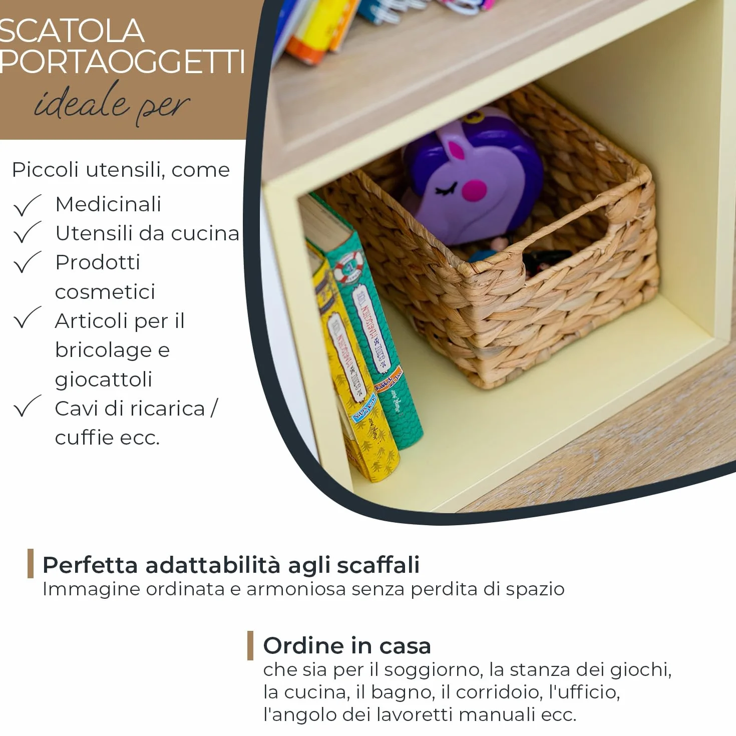Cestino portaoggetti HMF intrecciato in giacinto d’acqua, decorativo con manici, Set da 4, 22x17x12 cm, Naturale