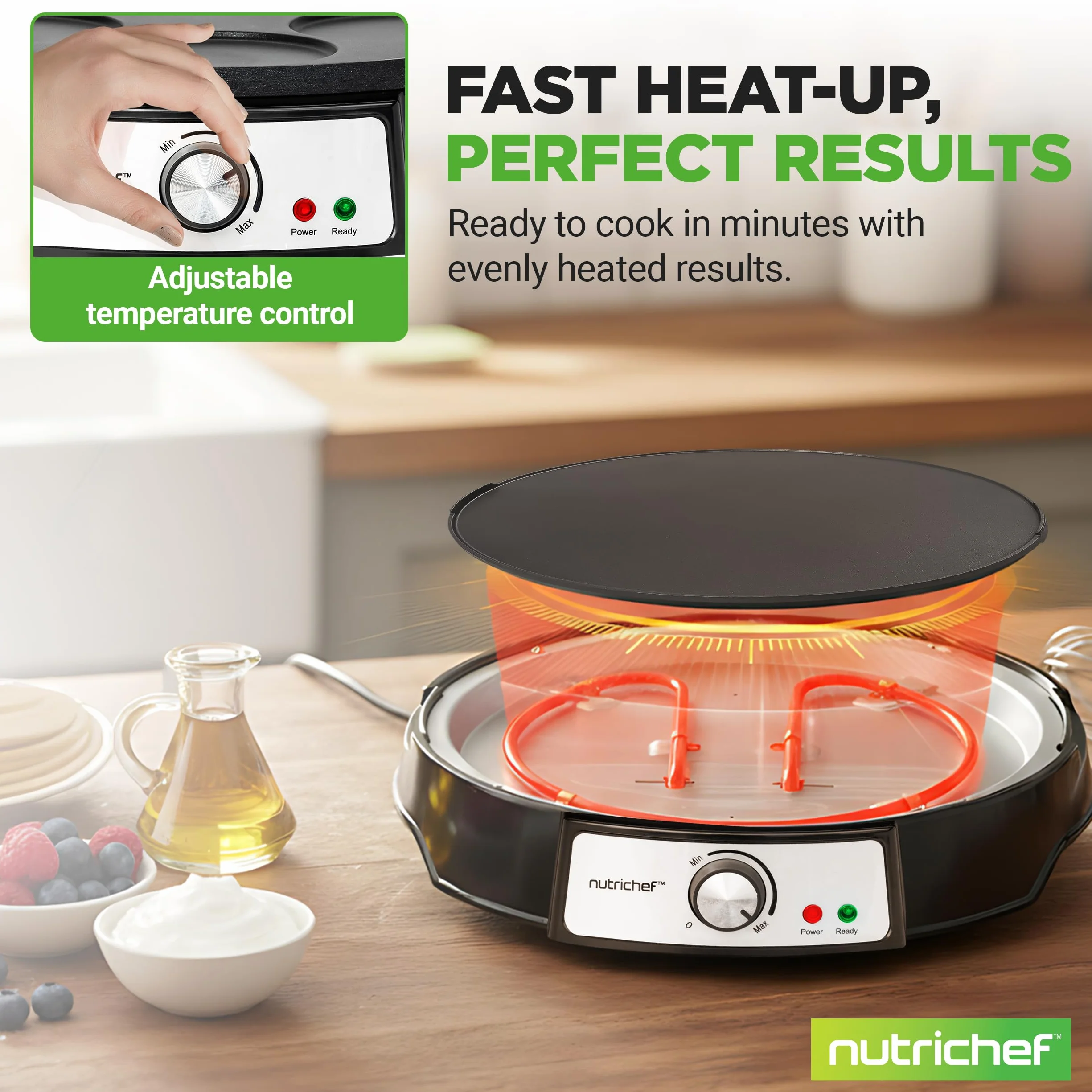 NutriChef Crepiera Elettrica 30 cm 1000W, Crepiera con Piastra Antiaderente Reversibile, Temperatura Regolabile, LED, Spatola e Dispenser, Ideale per Crepes, Crespelle, Pancake, Uova e Bacon