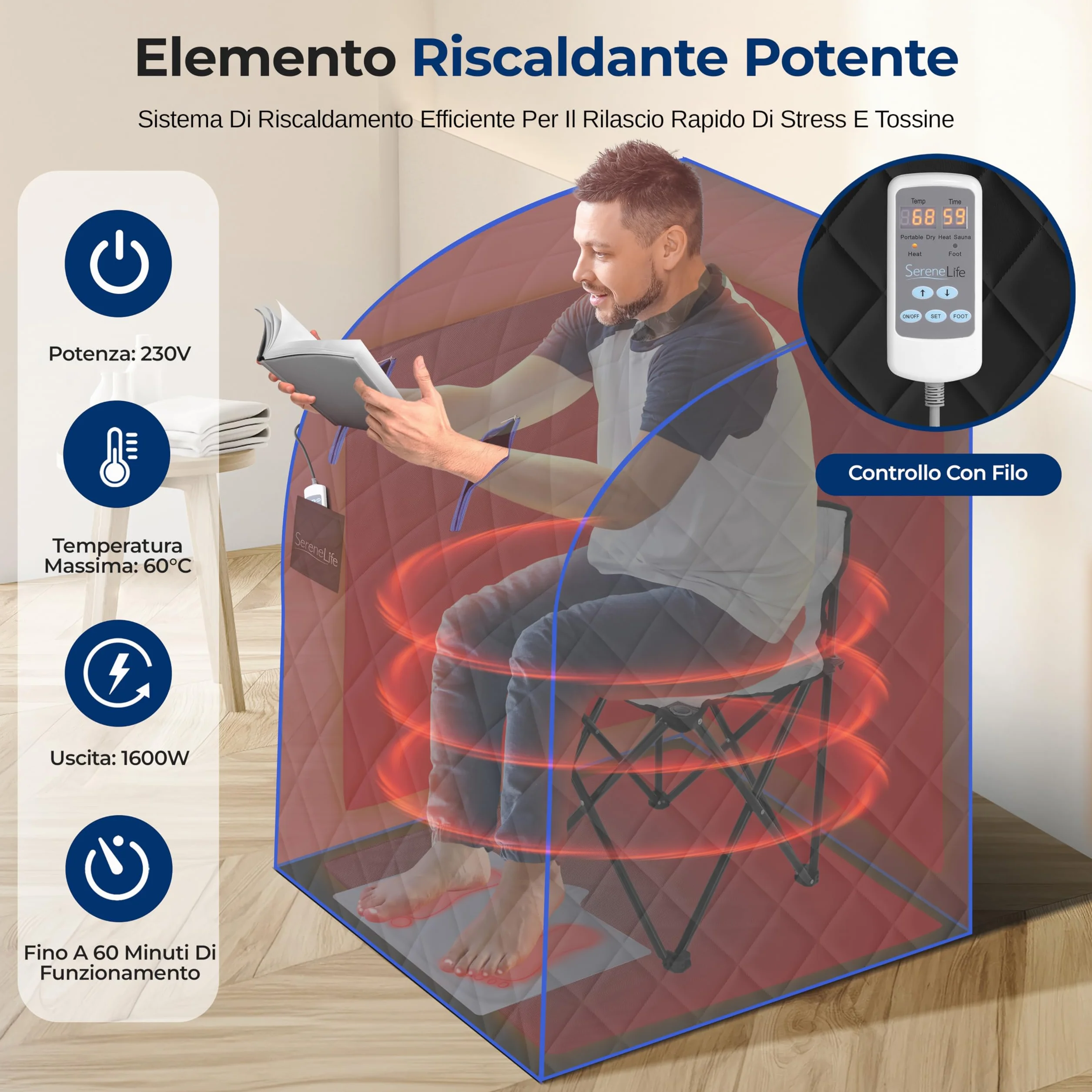 SereneLife Sauna a Vapore Portatile, Sauna Monoposto da Casa, Bagno Turco, Sauna Infrarossi con Tappetino Scaldapiedi e Sedia Pieghevole, Cabina Domestica per Spa, Nero