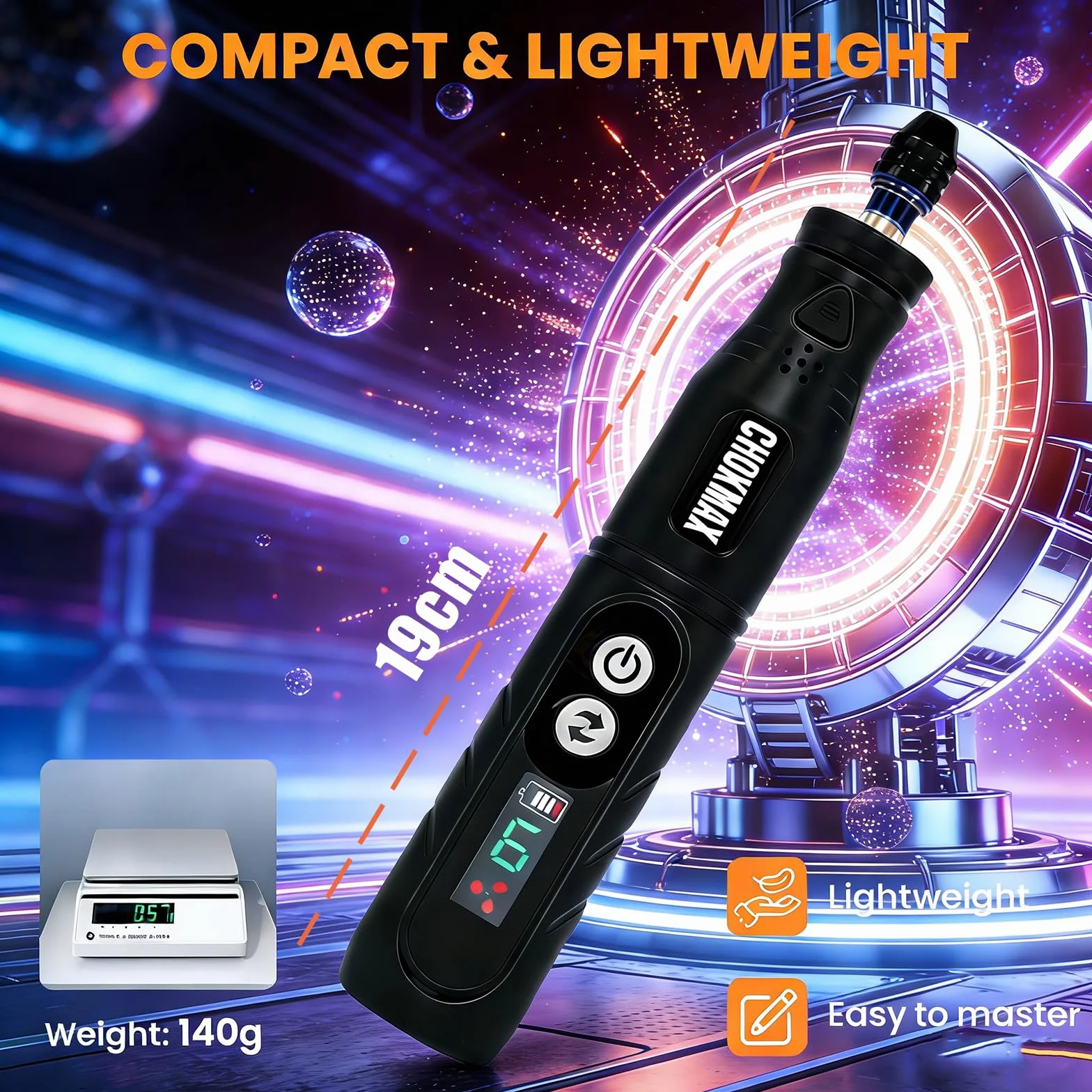 Smerigliatrice senza fili 6 velocità con display, pinza universale e LED, 68 accessori