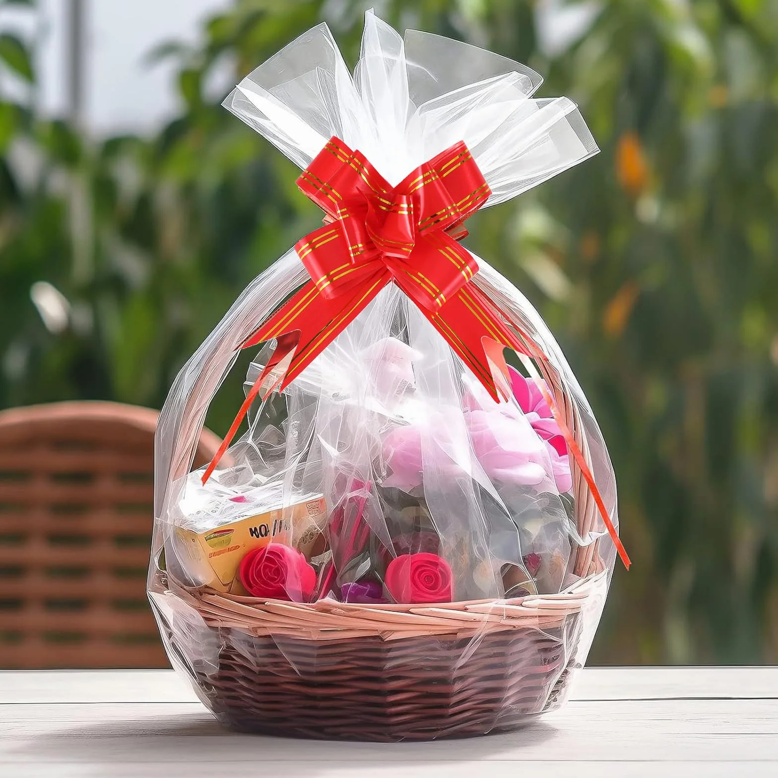 INNAL Set di 20 Sacchetti Regalo in Cellophane, 10 Grandi Sacchetti Regalo Trasparenti in Cellophane 100x70cm, Carta Regalo, Sacchetti in Cellophane con 10 Fiocchi da Tirare per Regali, Cestini