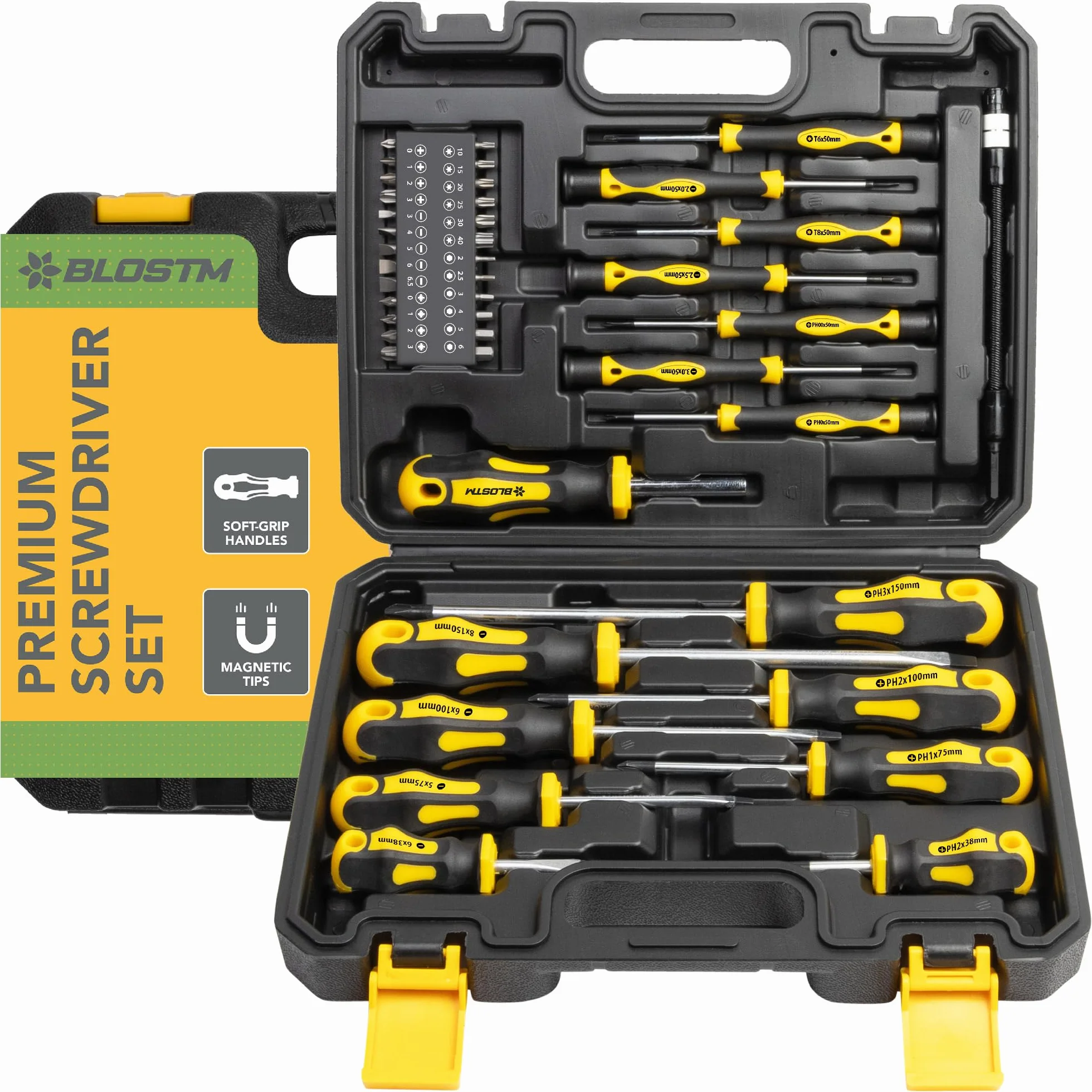 BLOSTM Set Cacciaviti Professionali - 42pcs Magnetico con Comoda Impugnatura, Teste per Cacciavite a Croce, Teste Piatte e Custodia Resistente - Giraviti di Precisione