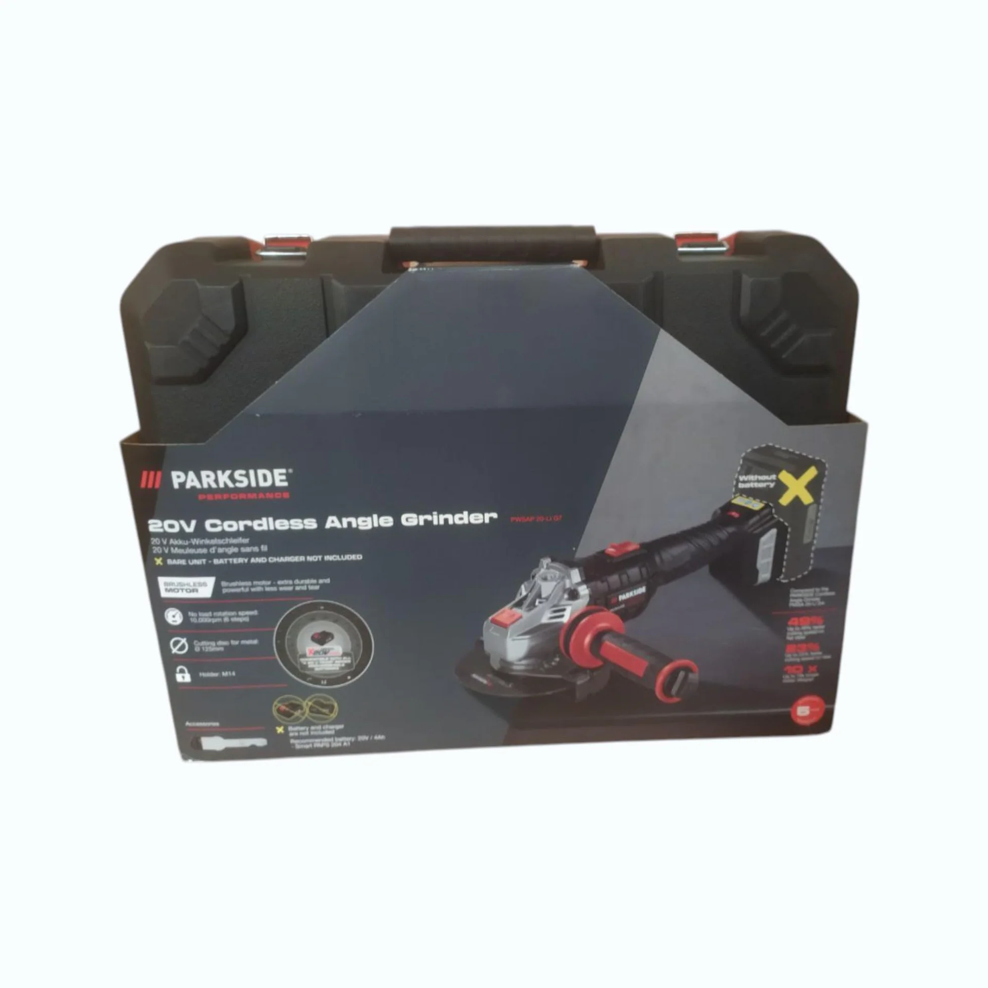 Parkside - Smerigliatrice angolare senza fili, Parkside Performance X20V PWSAP 20, senza spazzole/brushless, senza batteria, senza caricabatterie, con valigetta per il trasporto