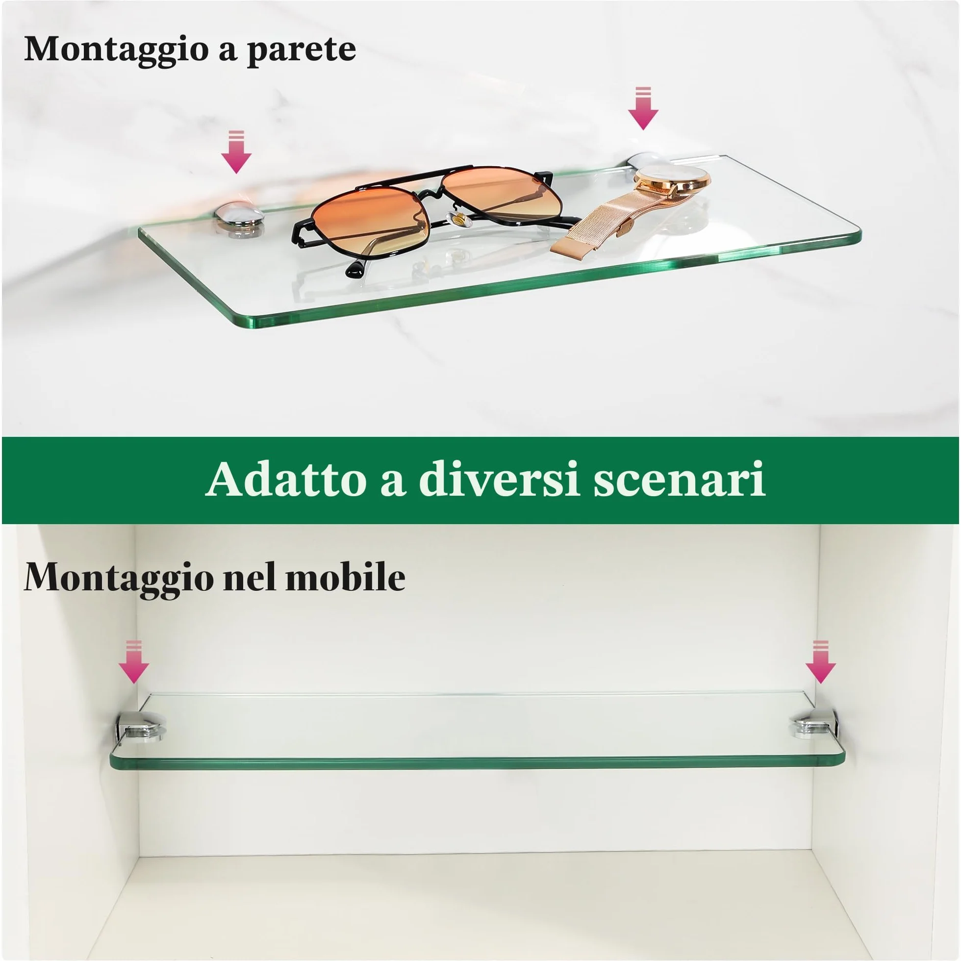 SAYAYO Mensola Doccia Vetro Mensola in Vetro per Bagno Mensola Bagno con Supporto Cromo Lucido, Mensole da Muro 30 CM, 2 Pezzi