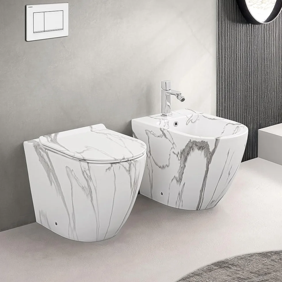 Set Sanitari Filomuro Rimless In Ceramica Con Effetto Marmorizzato Bianco Linea Tokyo, L 36 x P 56 x H 41 Cm, Completo Di Sedile Soft-Close