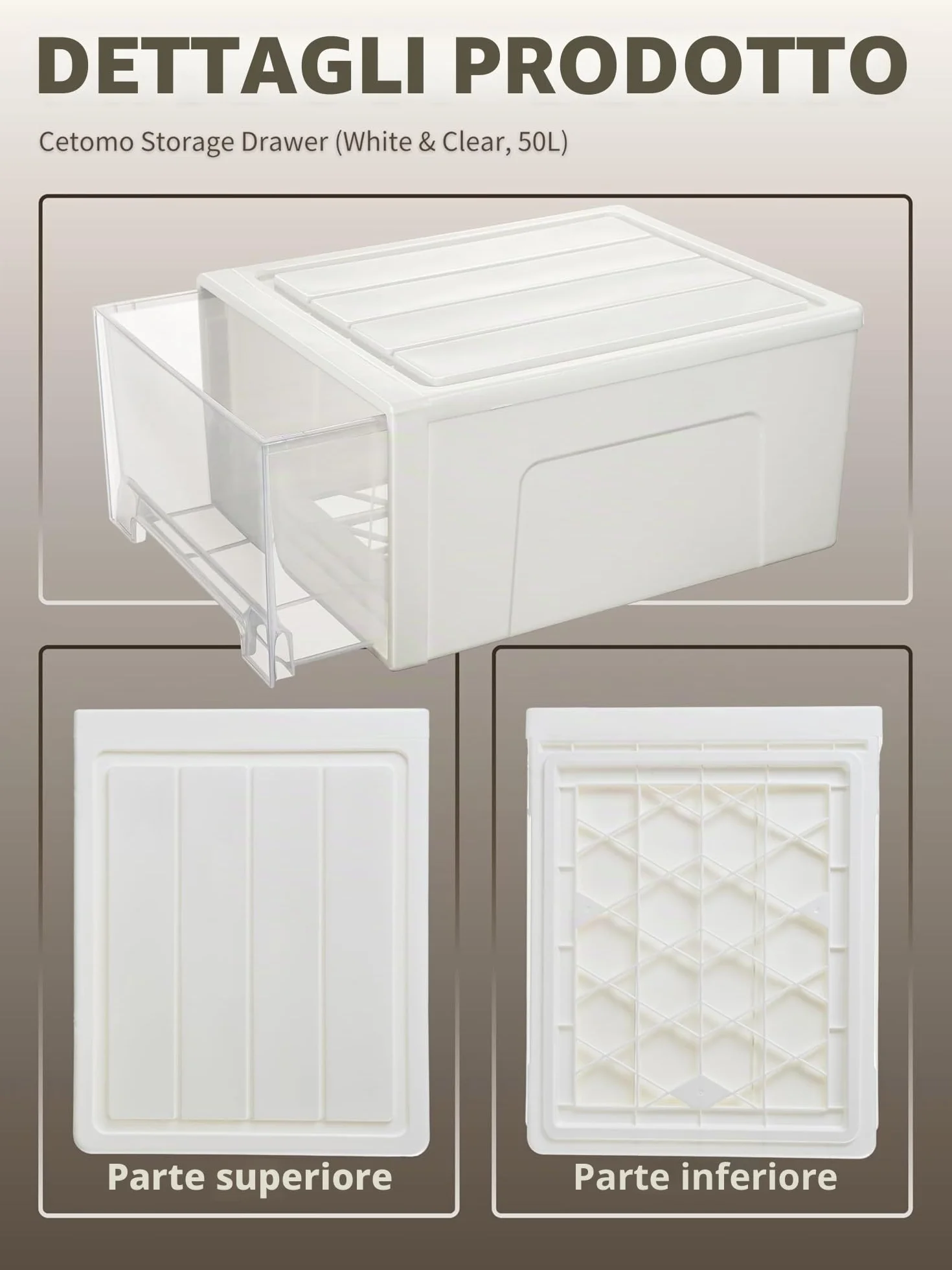 Cetomo 50L*3 Cassettiera, Cassetto di Stoccaggio, Cassetti Plastica Scatola, Organizzatori, Scatola di Stoccaggio, Torre Impilabile per Ufficio, Dormitorio, PP, Bianco e Trasparente, 50L-3 Unità