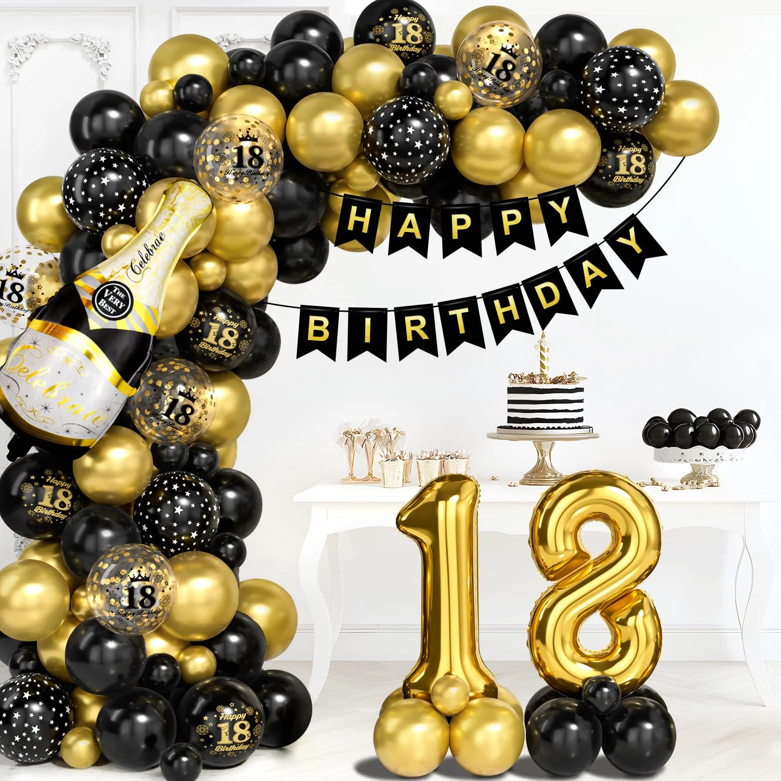 Decorazioni per 18° Compleanno, Kit Arco Palloncini Oro Nero con Numero 18 e Striscione