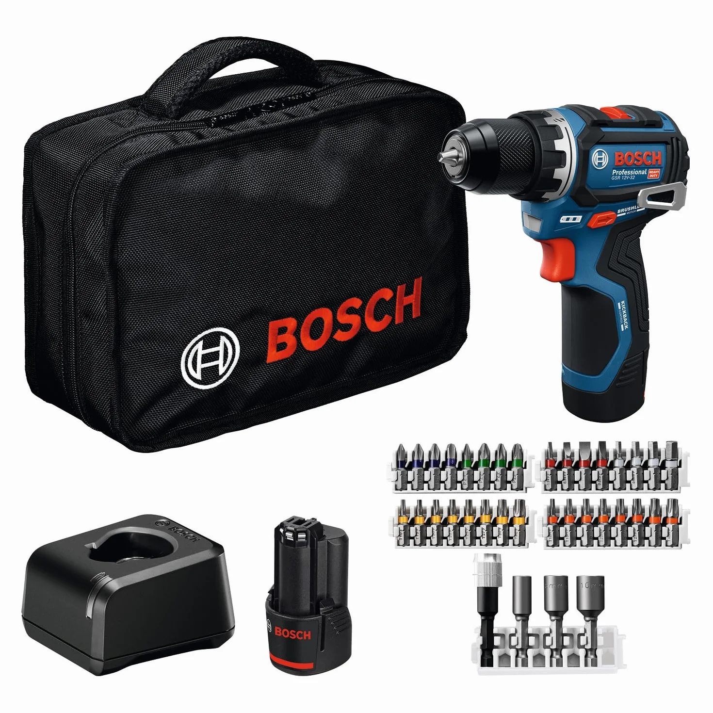 Bosch Professional 12V System Trapano-avvitatore a batteria GSR 12V-32 (Advanced KickBack Control, motore brushless, incl. 2.0 Ah, GAL 12V-20, acc., inserto P&C, borsa portautensili)