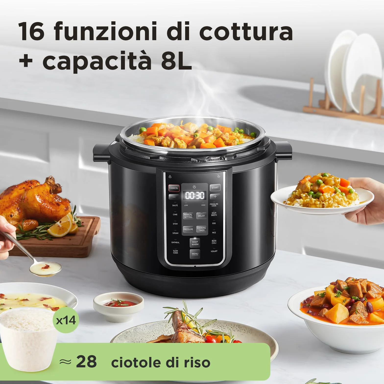 Midea Pentola a pressione elettrica 9 in 1, 12 preset multicooker istantaneo antiaderente, pentola per yogurt, cuoci riso Slow Cooker Sauté, pentola interna in acciaio inox, 8 quarti nero