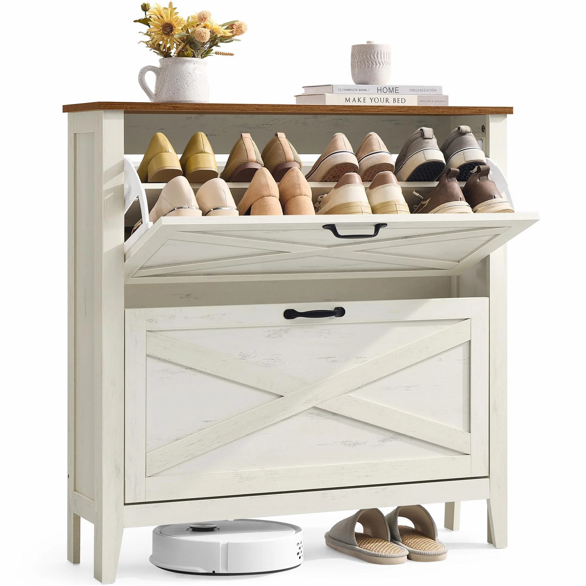 VASAGLE LIRY Collezione - Scarpiera con 2 Scomparti a Ribalta, Scarpiera Ingresso Slim, Stile Farmhouse, per 12-16 Paia di Scarpe, Bianco Vintage HSC201W01