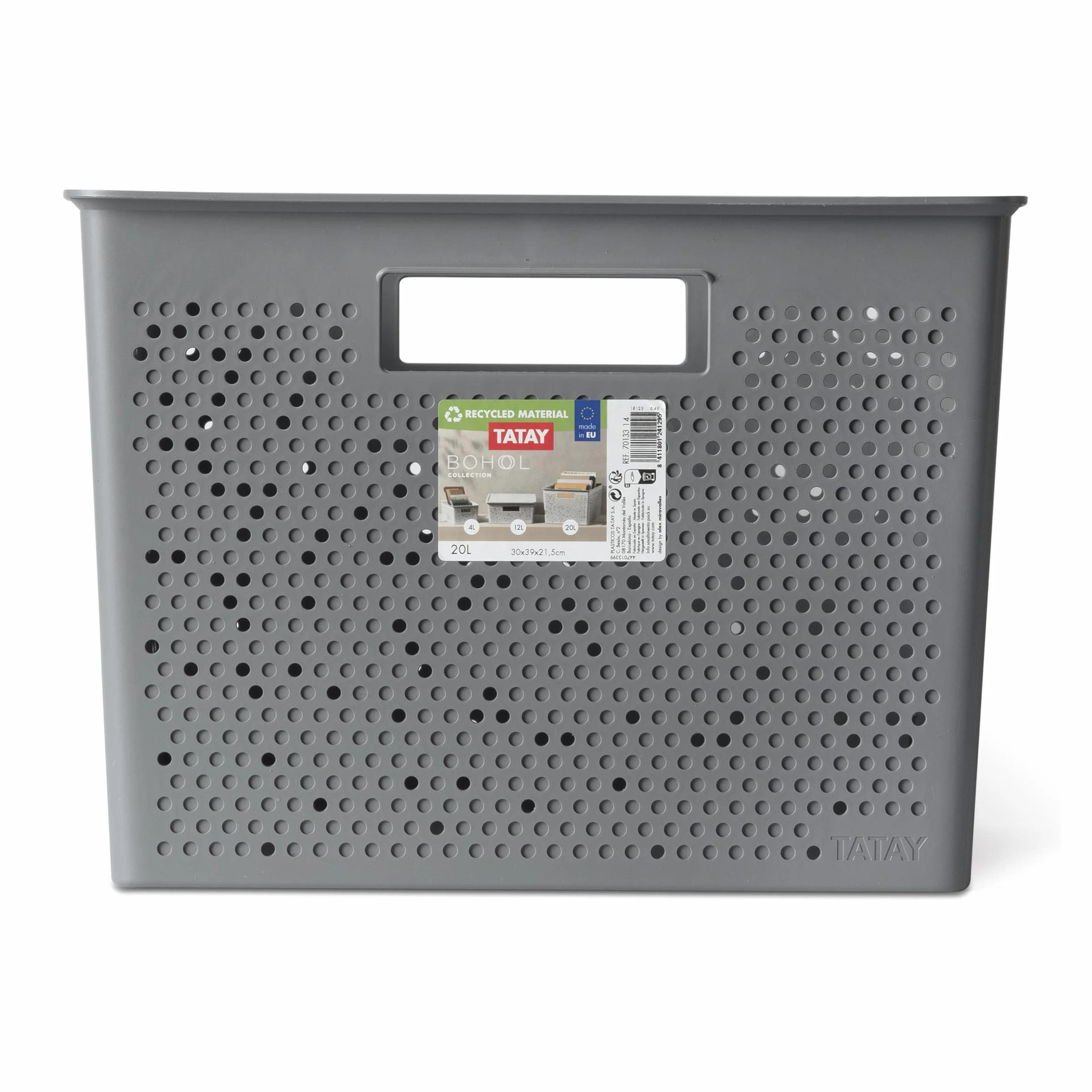 TATAY Cestino Portaoggetti Bohol 20 L | Scatola Organizzatrice | Ventilazione Ottimale | Sistema Modulare Impilabile | Manici Integrati | Plastica Riciclata Senza BPA | 30x39x21,5 cm, Grigio