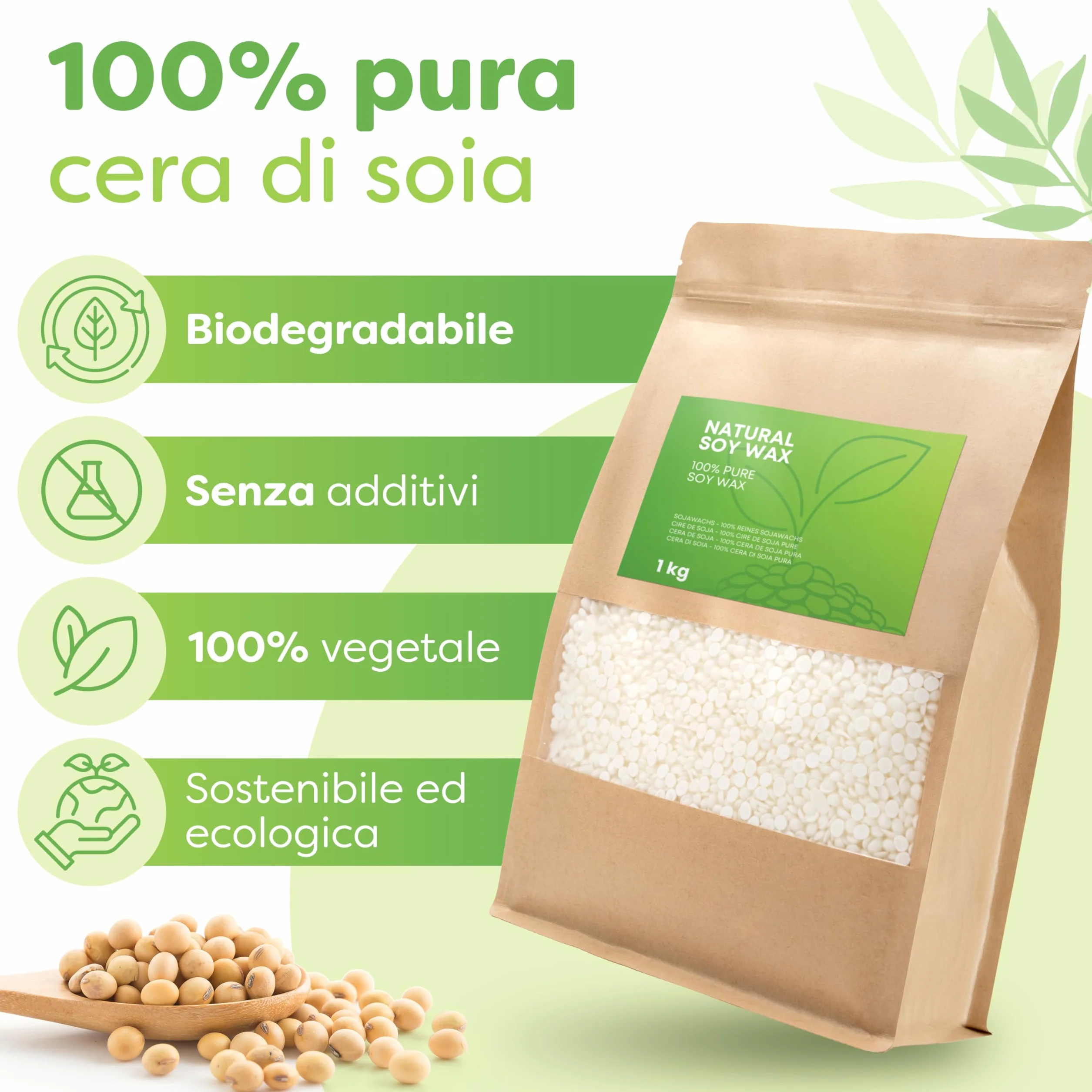 molinoRC 800g Cera di soia per Candele - Prima qualità - 100% Naturale, biodegradabile, Senza additivi - Combustione Pulita, Ideale per profumate - per stampi e Contenitore - Pratiche pastiglie
