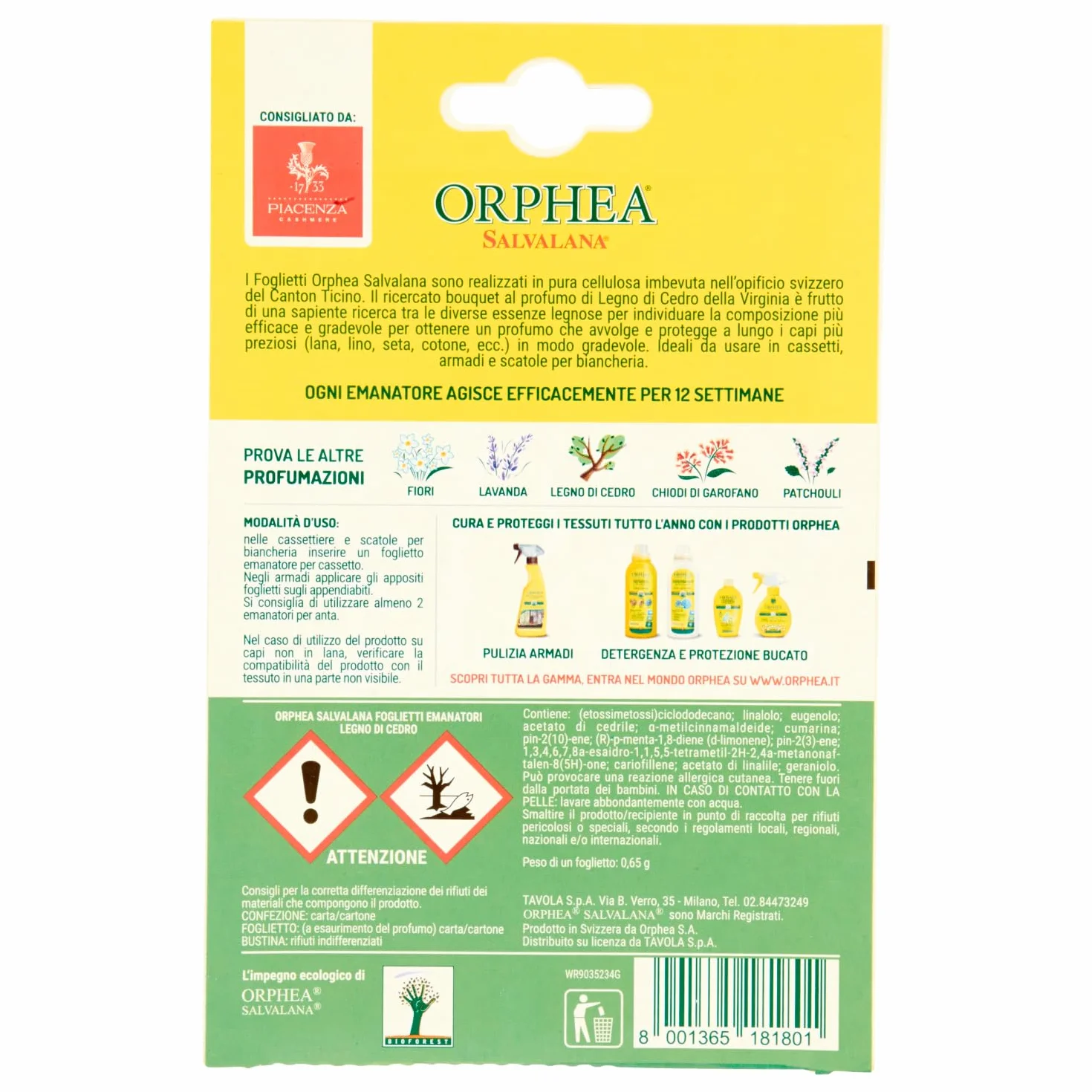 Foglietti per Cassetti e Armadi Orphea Salvalana, Profumo Legno di Cedro, 12 Settimane, 15 Foglietti