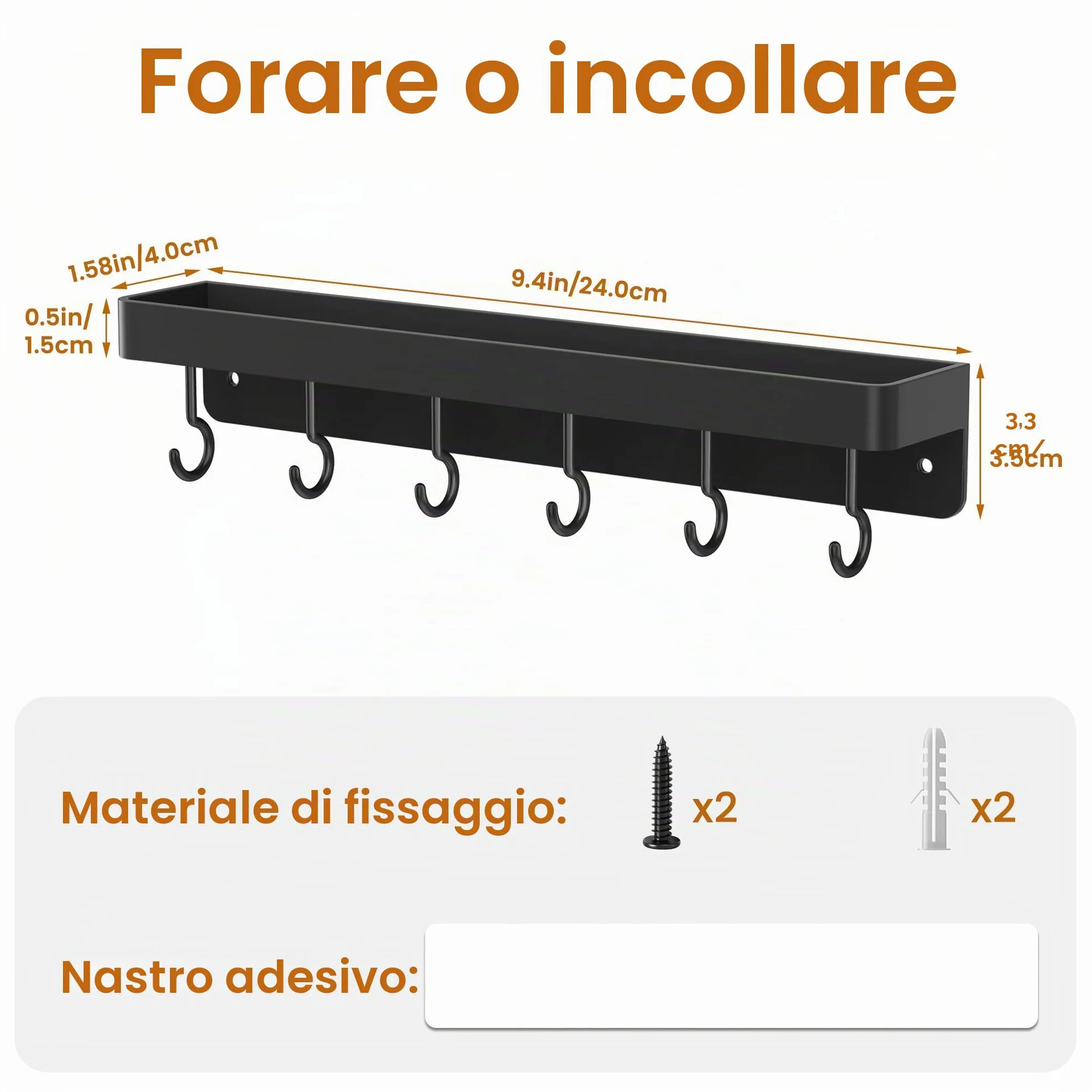 niffgaff Organizzatore per chiavi nero con ripiano e 6 ganci, montaggio a parete