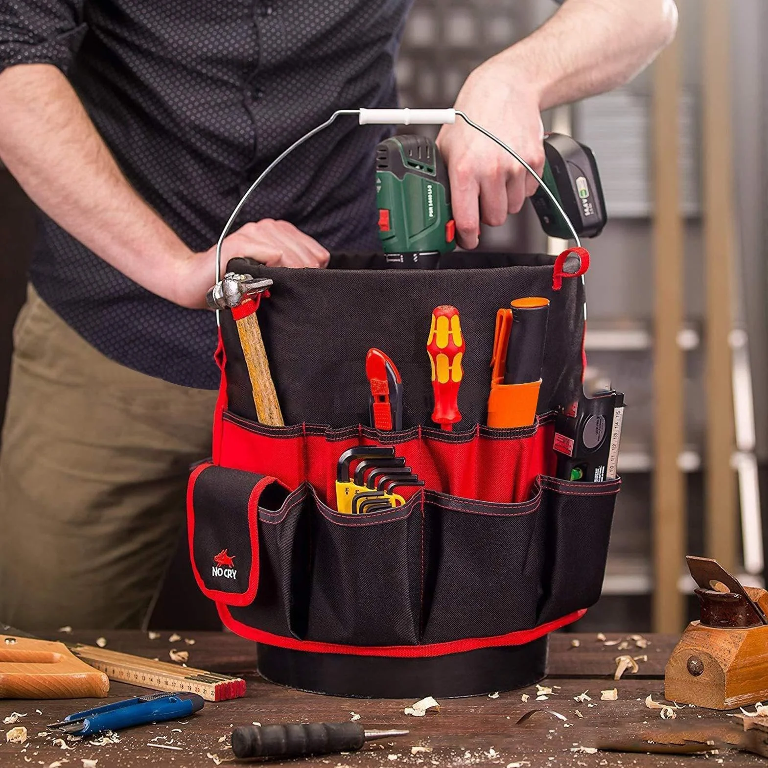 Organizer per secchiello attrezzi da giardino Borsa tasche multiple impermeabile Nero