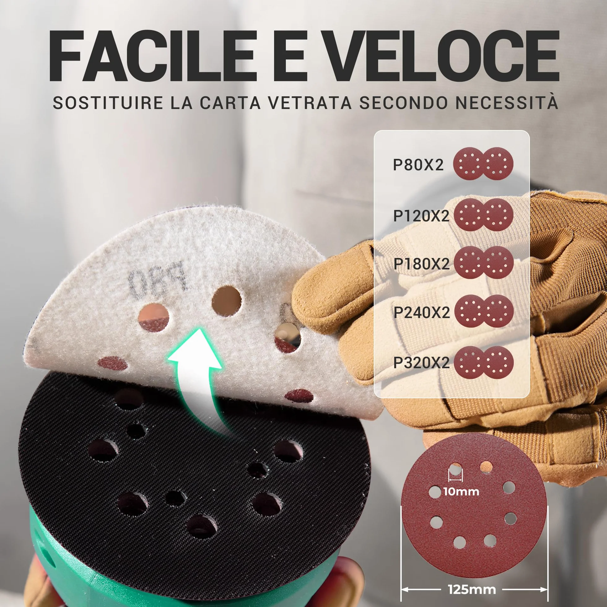 DCA Levigatrice Orbitale 300W 12000RPM 6 Velocità Variabili 125mm Dischi Abrasivi