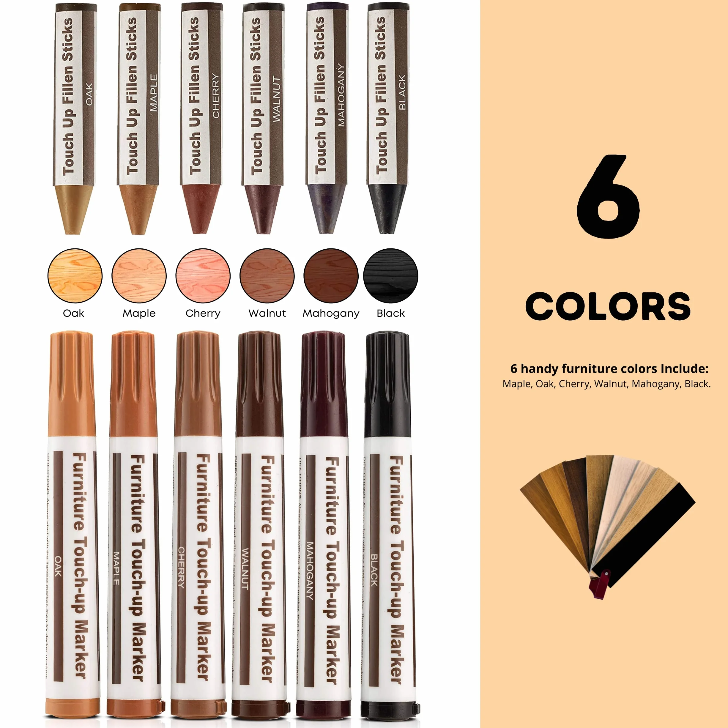Kit di riparazione mobili da 13 pezzi, con pennarelli, pastelli riempitivi a cera e temperino, 6 colori, per macchie, graffi, pavimenti, tavoli, scrivanie, letti, ritocchi, coperture