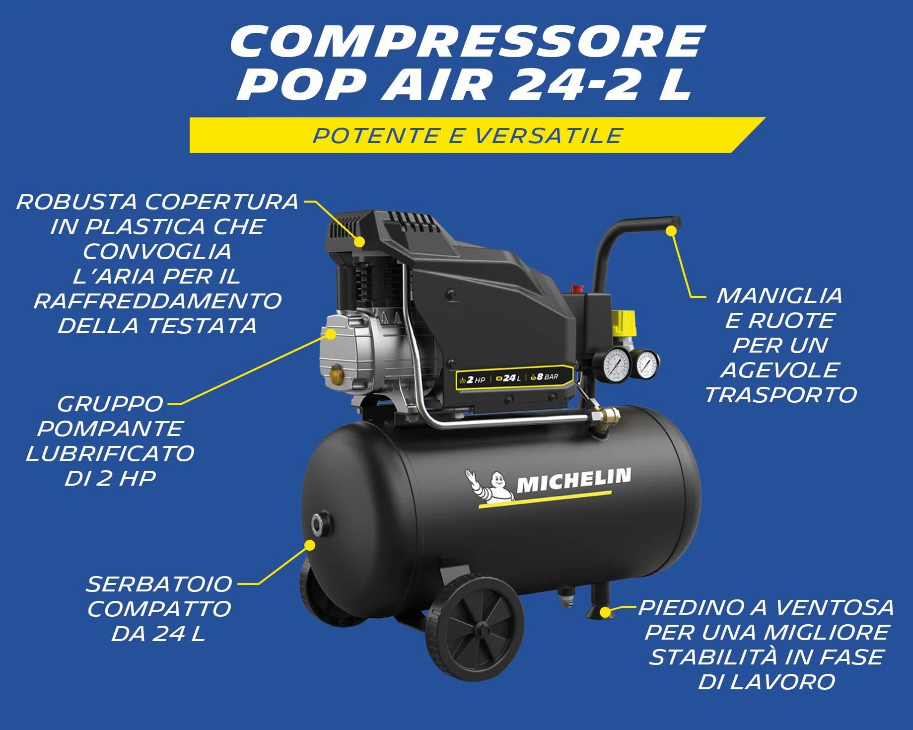 MICHELIN, Compressore d’Aria MX POP AIR 24-2 L, Serbatoio 24 Litri con ruote, Motore da 2 hp, Pressione Massima 8 bar, Portata d’Aria 195 l/min