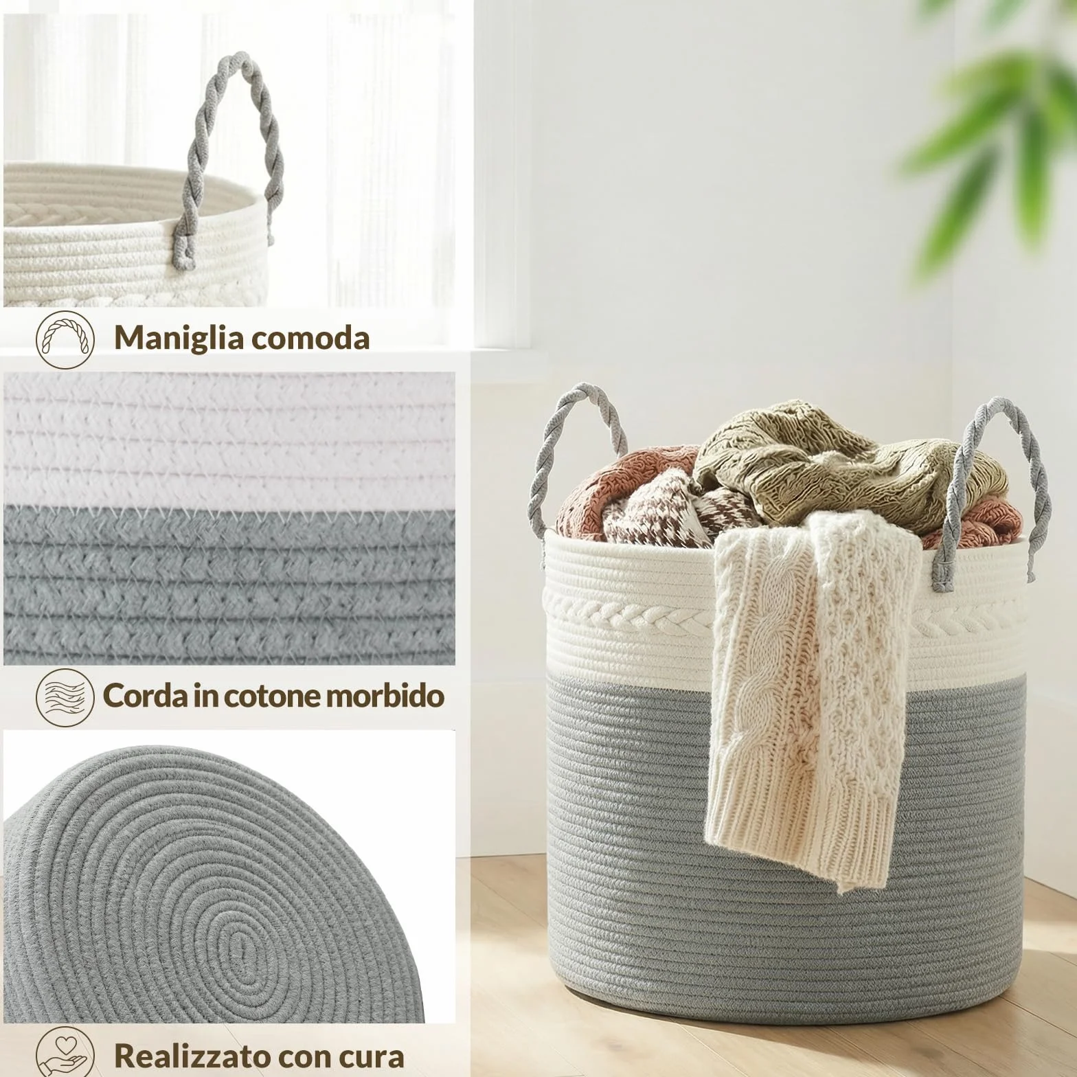 COSYLAND Cesto portabiancheria in cotone naturale - Pieghevole con manici portabiancheria sporca, Cesta portabiancheria per bagno, camera da letto e cameretta - 40x40x40cm (Grigio-bianco)