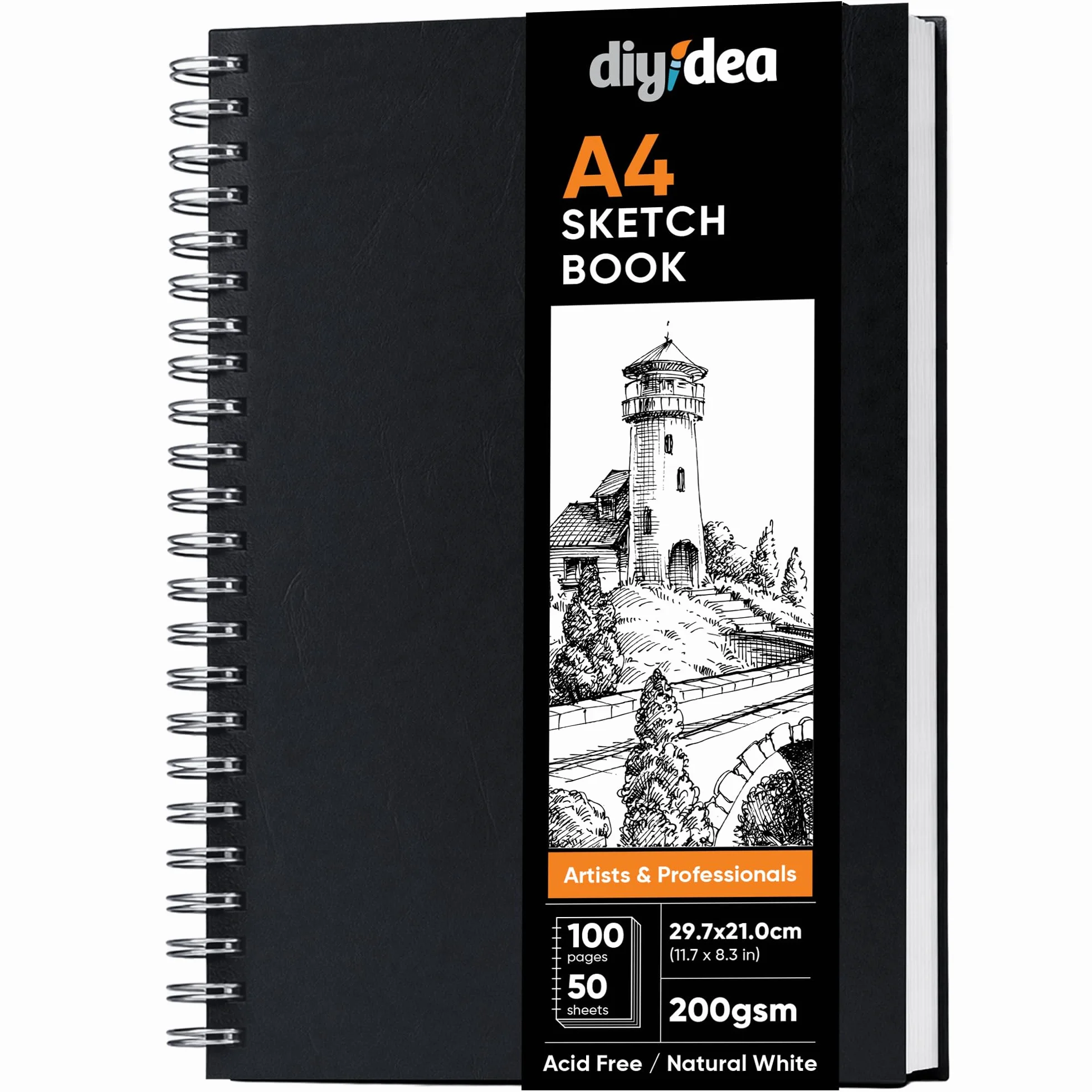 DIYIDEA Album da Disegno A4 200 g/m² – 100 Pagine, Spirale con Copertina Rigida – Blocco Disegno per Matita, Carboncino, Grafite e Pastello