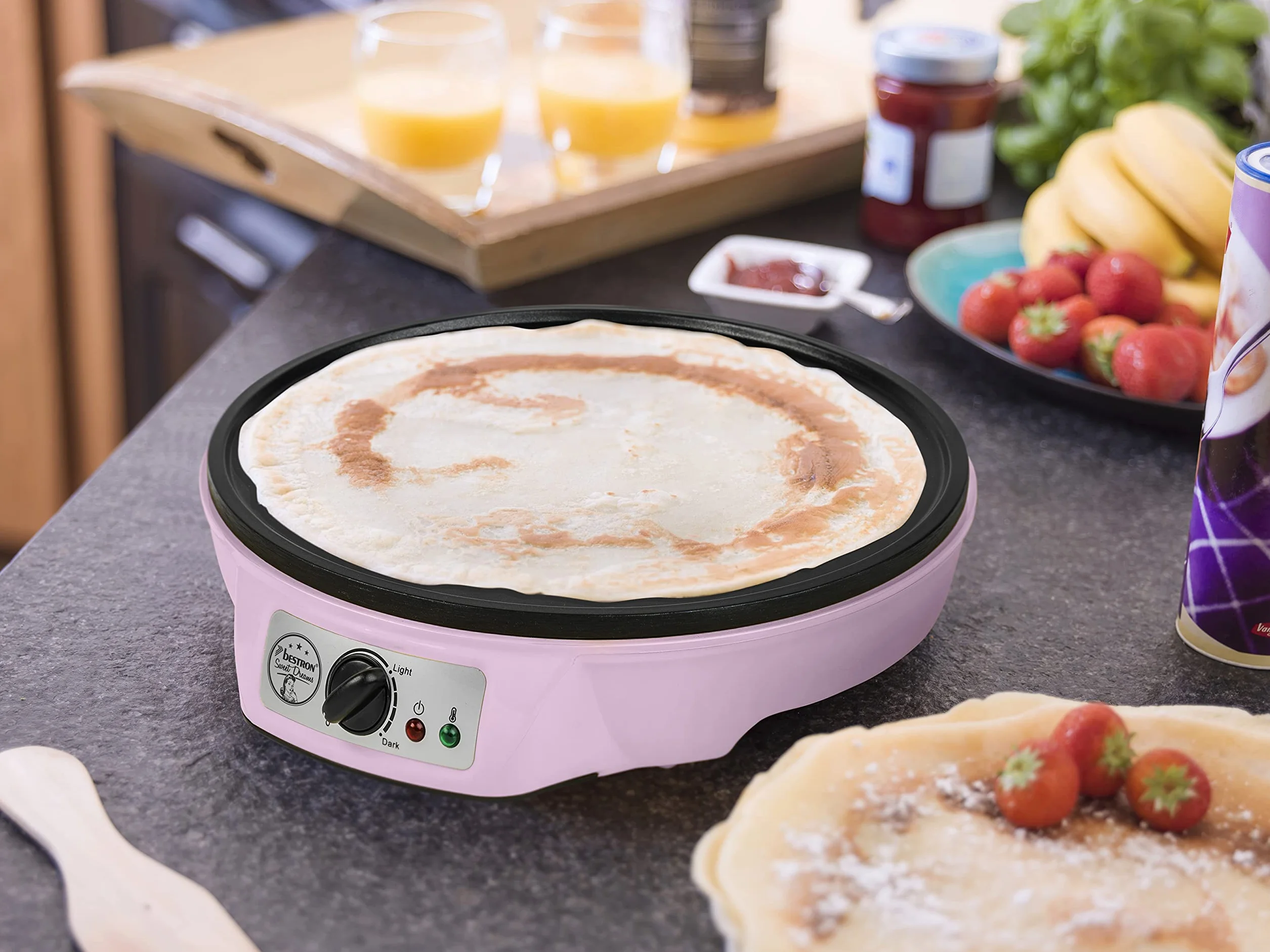 Bestron Macchina per crêpes retrò 30 cm 1000W antiaderente Rosa con spargitore e giratorta