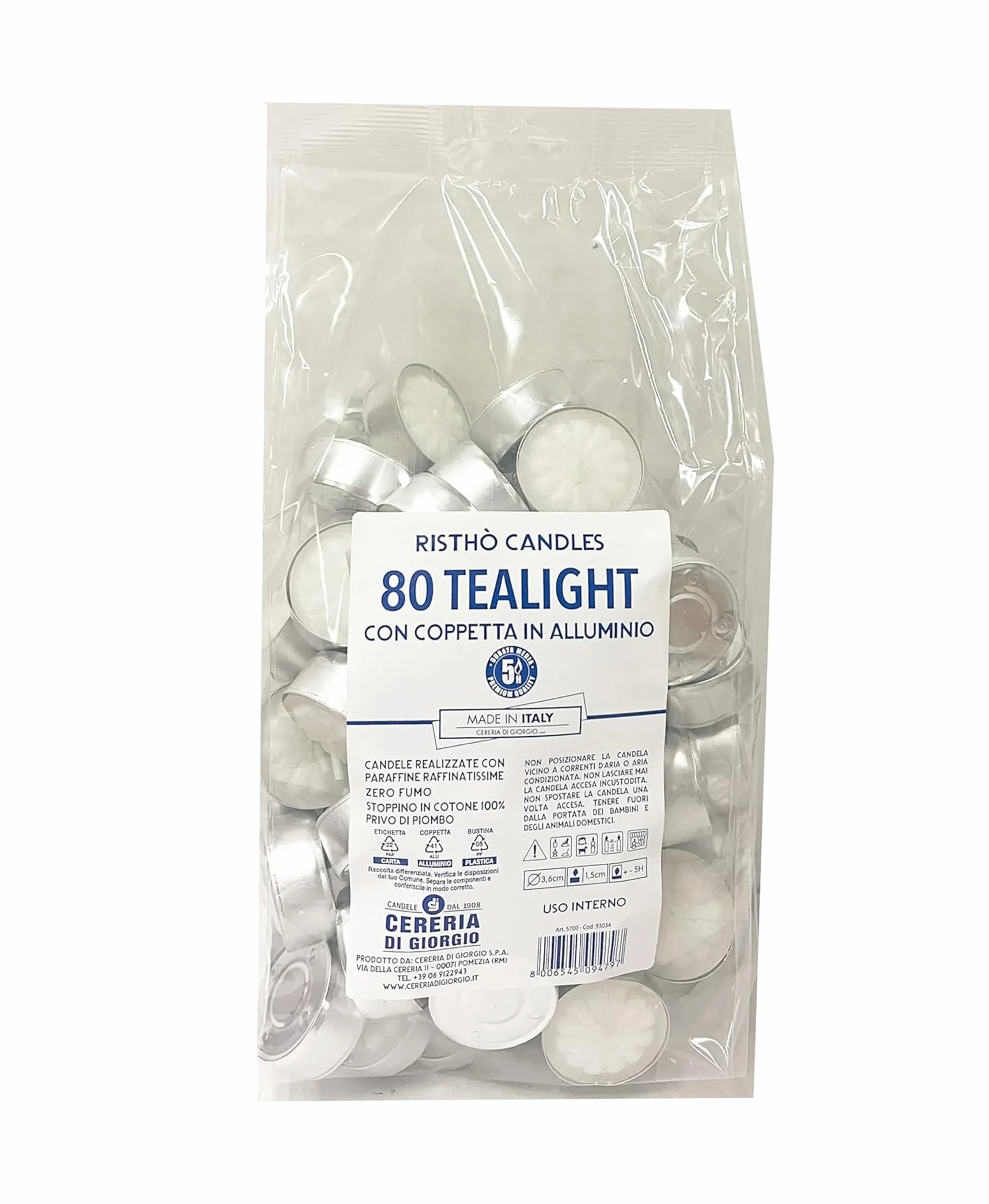 Cereria Di Giorgio 80 Tealight Candele Bianco Cloud 3,6x1,7 cm 5 ore Non Profumate