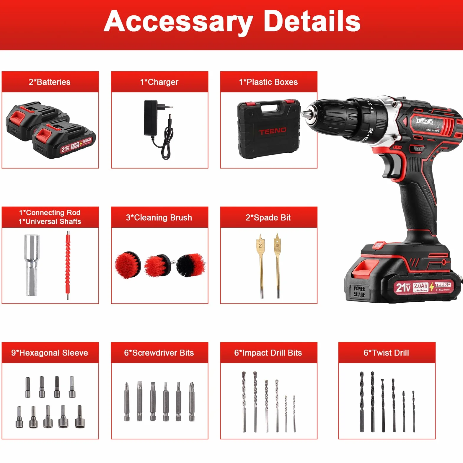 TEENO Trapano a Percussione a Batteria 21V, 45 Nm Avvitatore a batteria con spazzole,Compatibile con le Makita 2 batterie 2,0 Ah, 25+3 Impostazioni di Coppia,3 spazzole per la pulizia,2 Velocità, LED