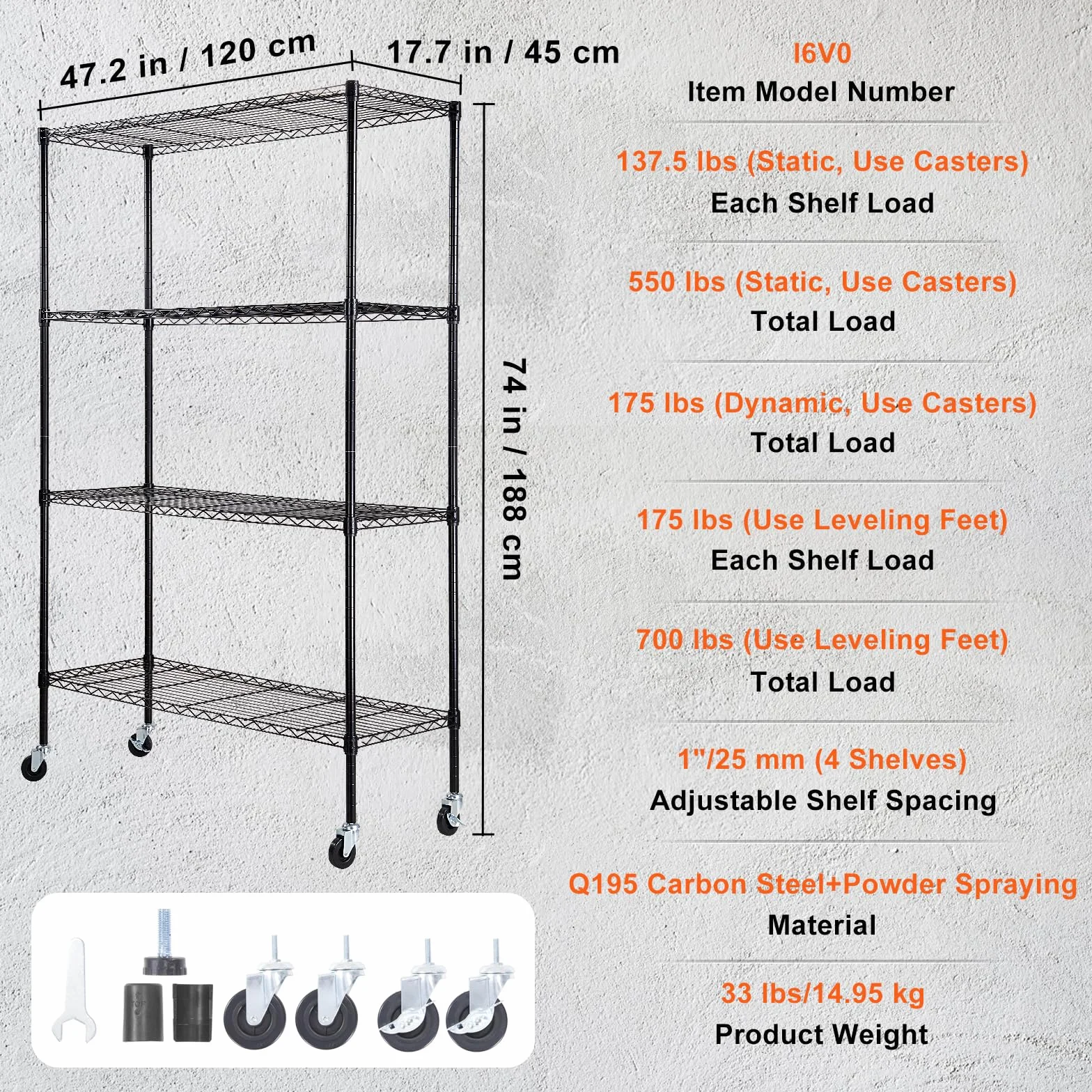 VEVOR Scaffale portaoggetti con Ruote, 4 Ripiani Regolabili, Capacità 700 Libbre, Scaffali da Garage per Carichi Pesanti Scaffale Metallico Organizzatore in Metallo, Nero, 47,2"x17,7"x74"