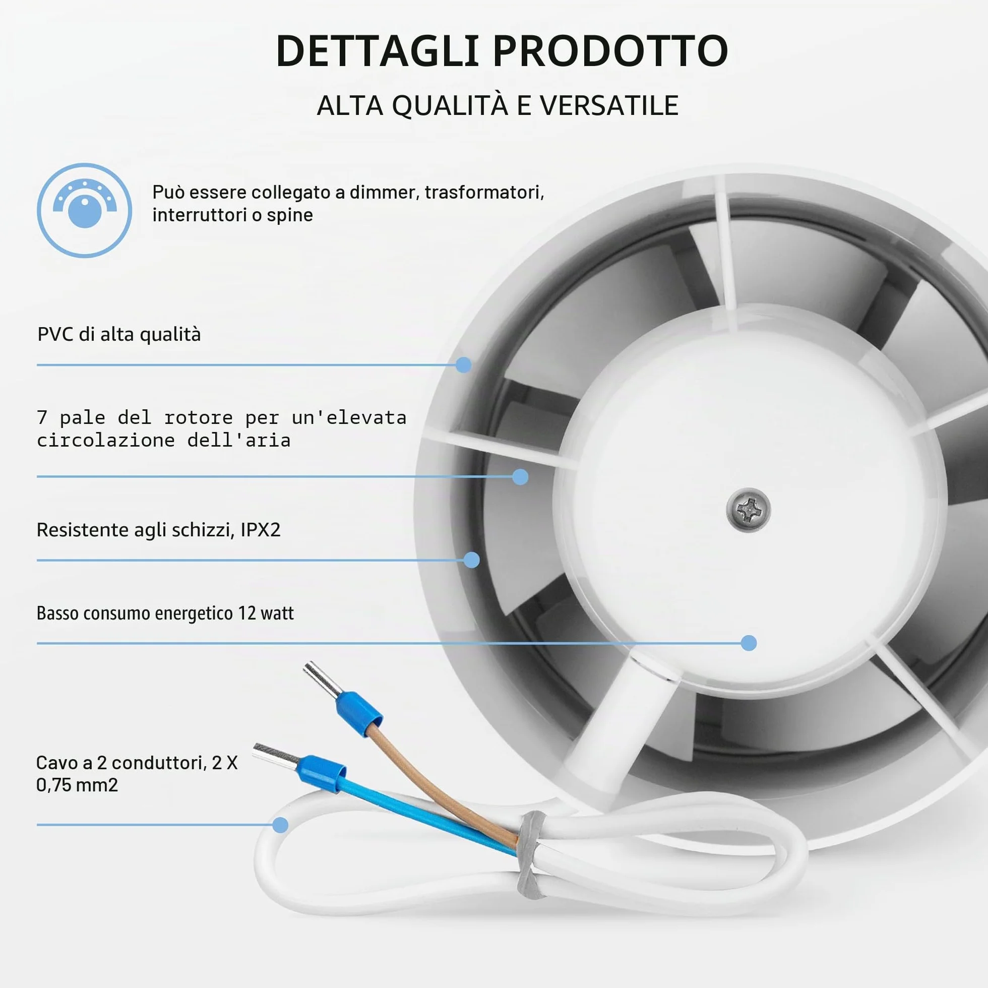 Inline 100 - Estrattore di Ventola per Canali Silenziosi in Linea - 230V - 50Hz - 12W - 130 m³/h - 34 dB