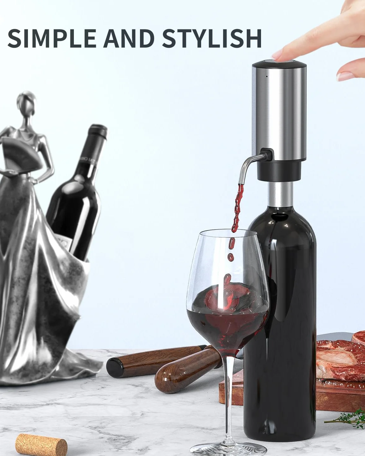 CIRCLE JOY Aeratore Elettrico per Vino, Decanter Ricaricabile con Base di Conservazione, Cavatappi e Tappo Sottovuoto, Regalo per Gli Amanti del Vino, Argento