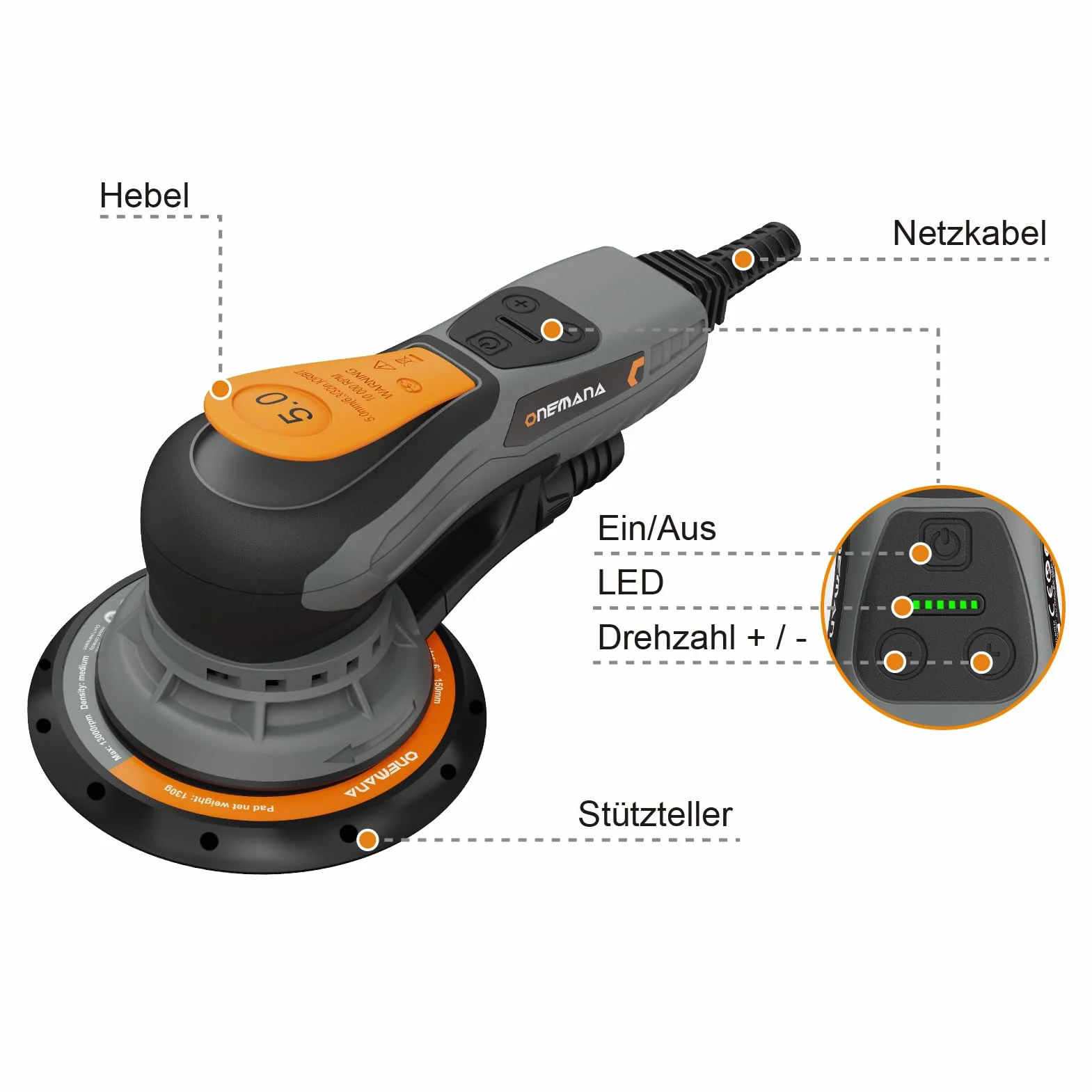 Levigatrice Rotorbitale 150 mm Brushless 350 W 6 Regimi 4000-10000 RPM Aspirazione Polvere