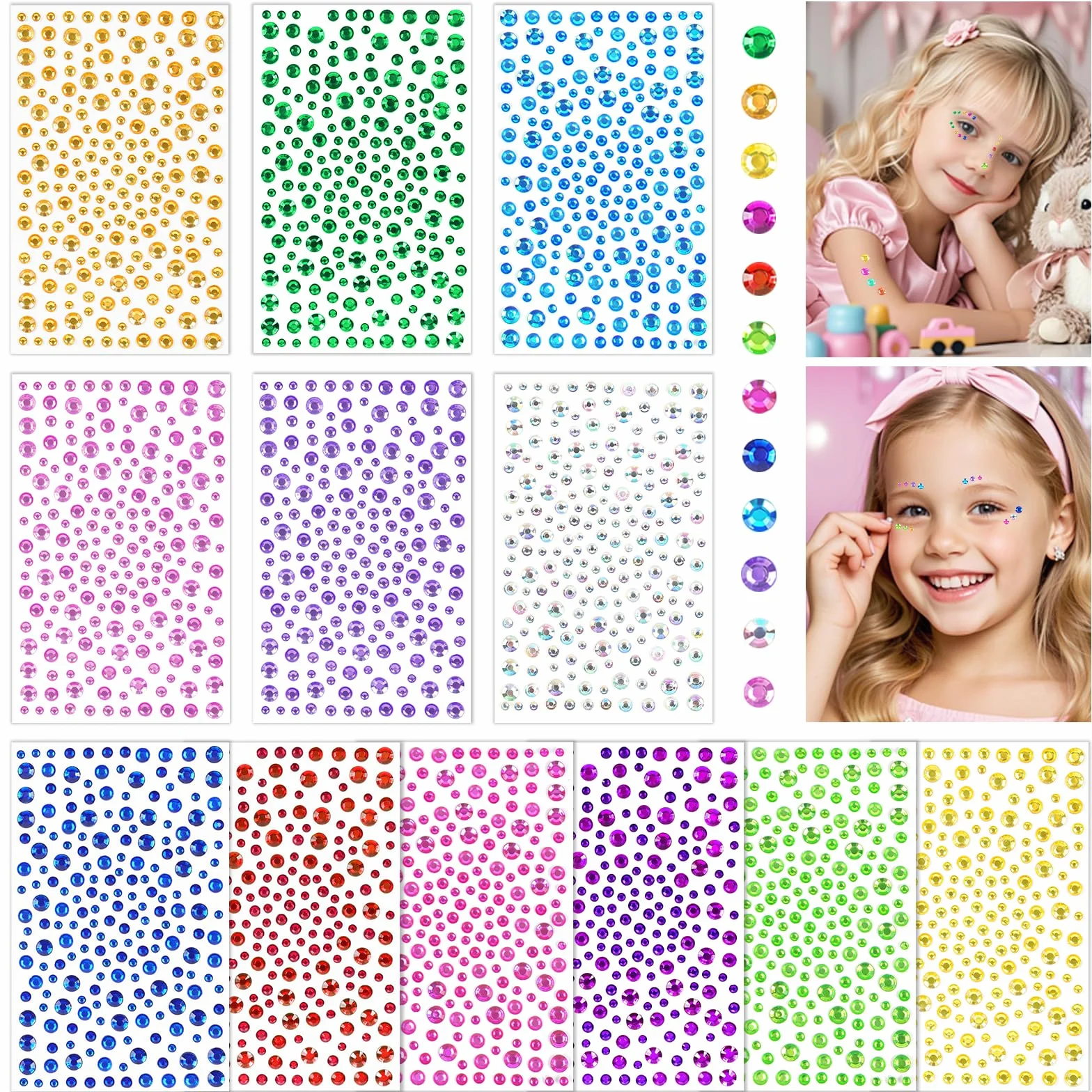 Vicloon 3720 Strass autoadesivi colorati,12 Fogli Acrilico Adesivi Strass,Colorato Gemme di Cristallo Foglio,Brillantini Adesivi,per bambini, fai da te, varie forme, decorazioni per viso e unghie