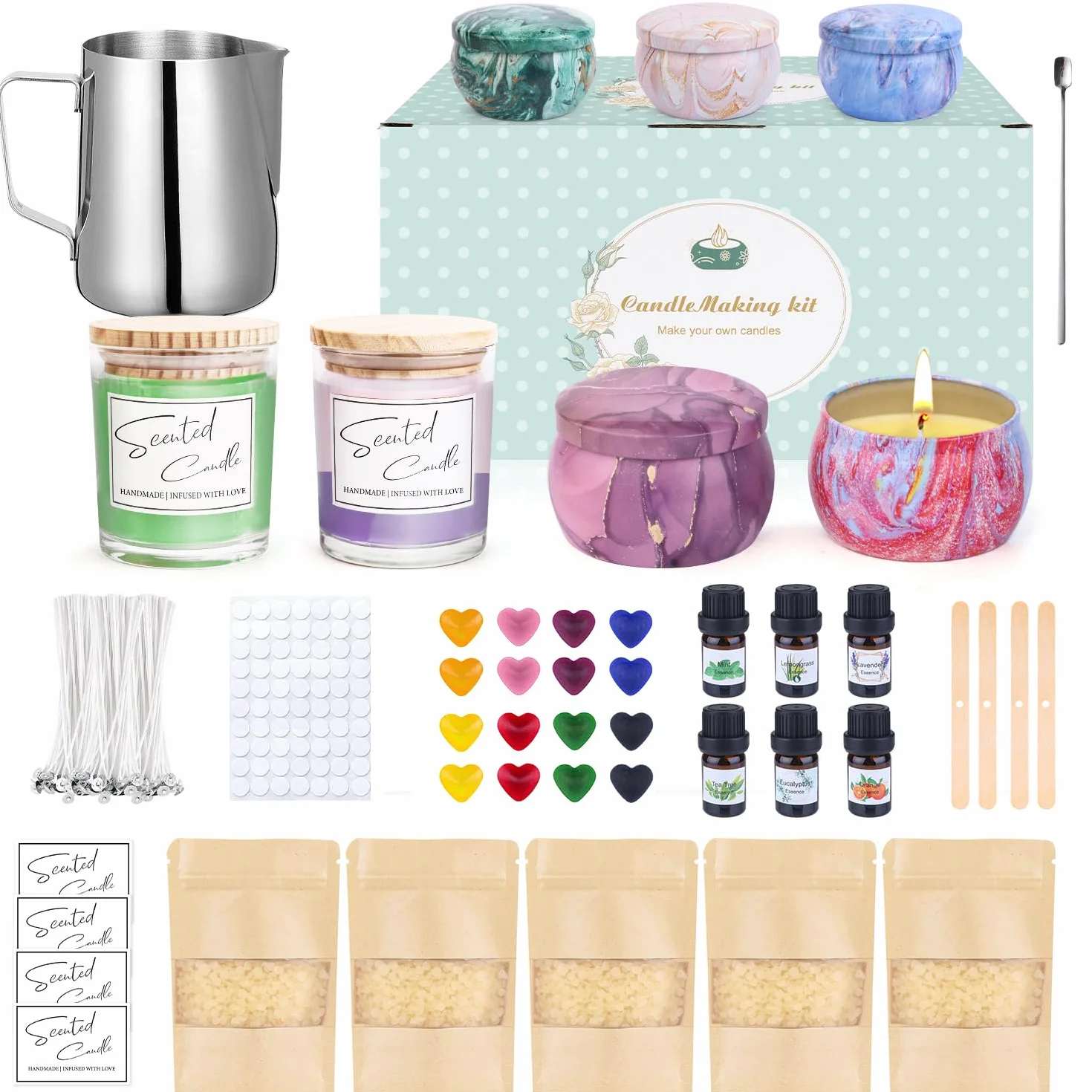 LDUMODUW Set di candele fai da te, candele fai da te per adulti, principianti, candele profumate fai da te con cera d'api 625 g, 16 coloranti, bicchieri da 6 oz