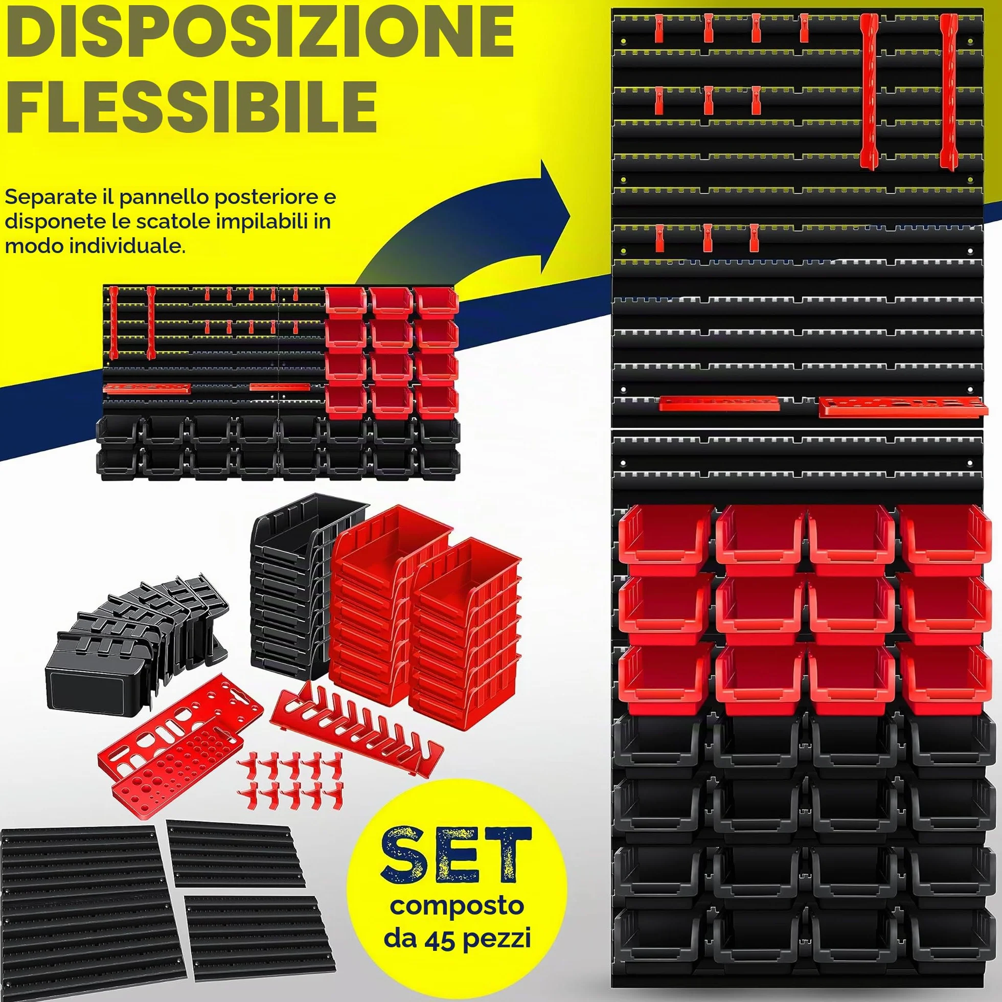 Masko® Scaffale da parete + Scatole impilabili + Portautensili, Espandibile, Scaffale da officina, Scatole portaoggetti visibili, 45 Parti - Nero/Rosso