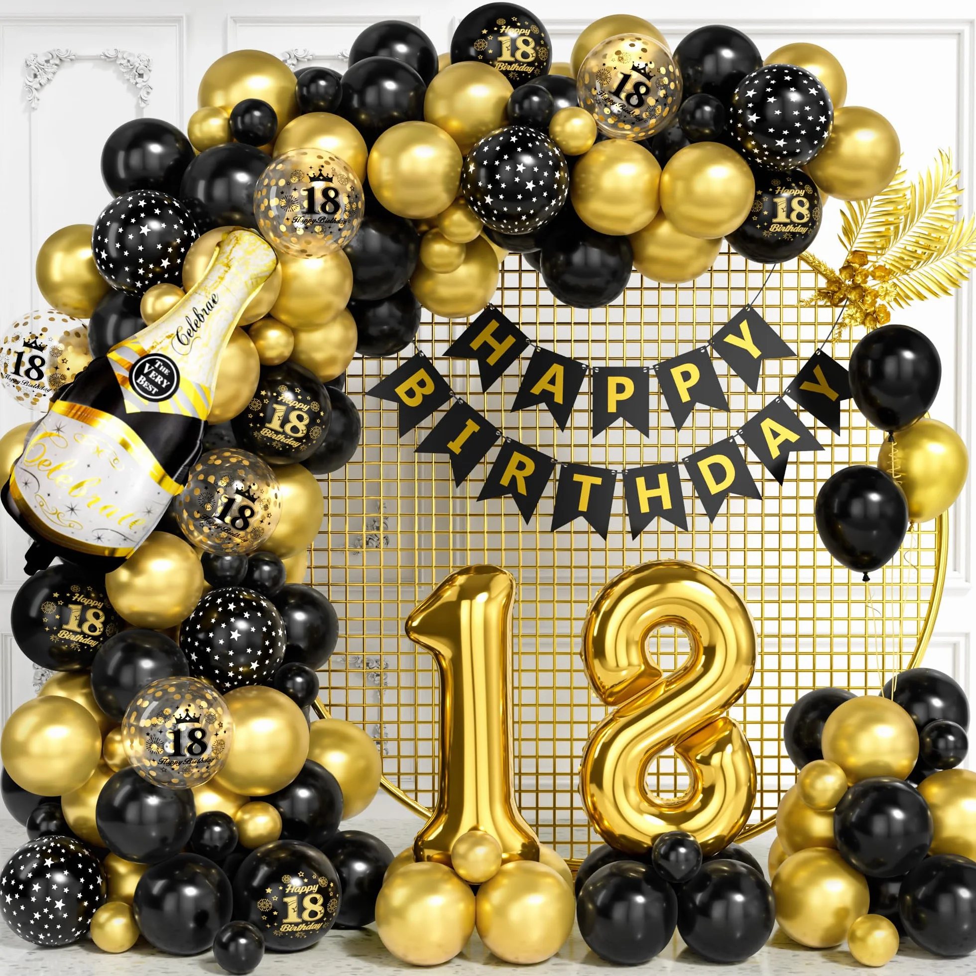 Decorazioni per 18° Compleanno, Kit Arco Palloncini Oro Nero con Numero 18 e Striscione