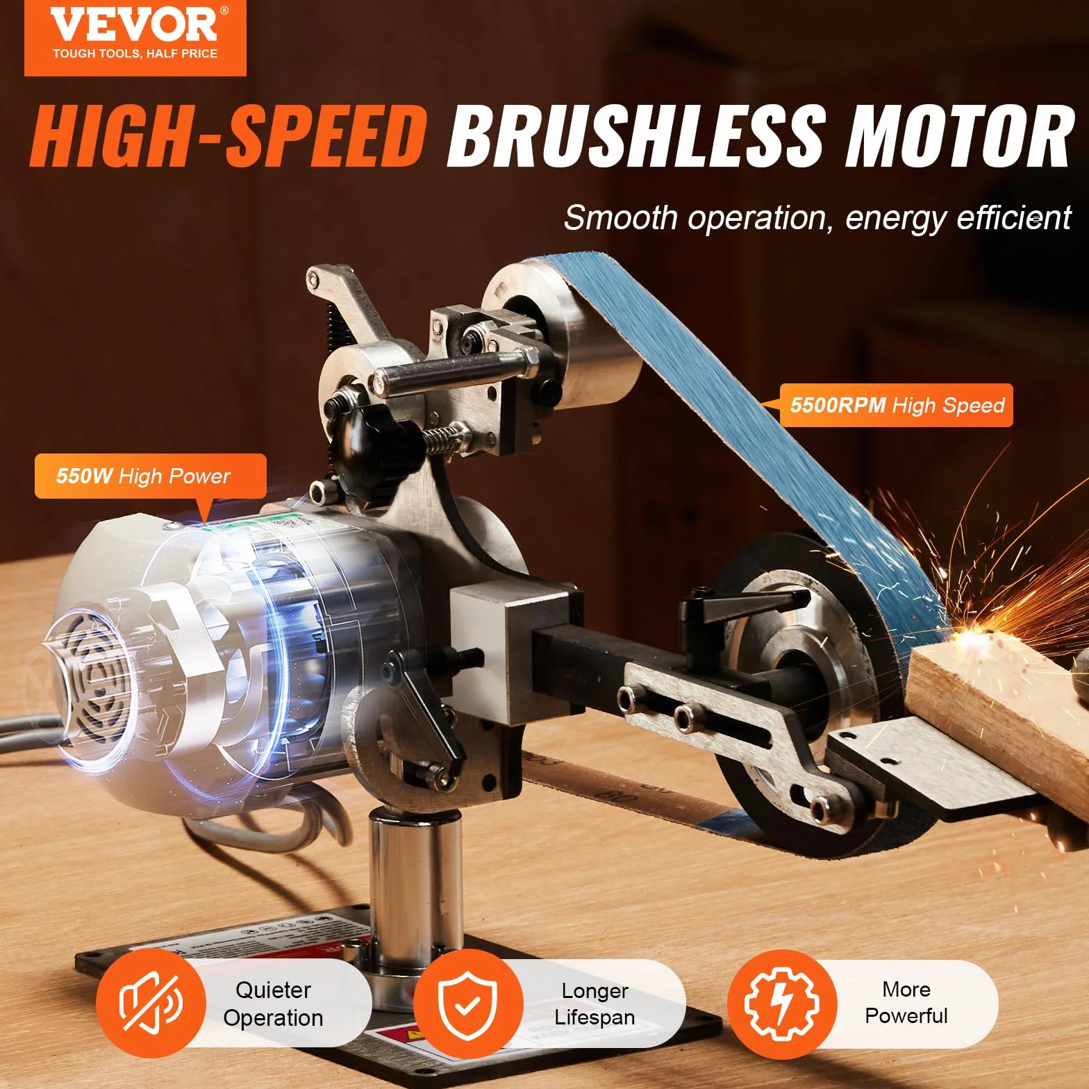 VEVOR Lucidatrice a Nastro a Velocità Variabile 762 x 25 mm con VFD, Levigatrice per Lucidatura 550 W con 2 Stampi Smerigliatura e 3 Nastri Abrasivi per Lavorazione Metalli, Produzione Coltelli