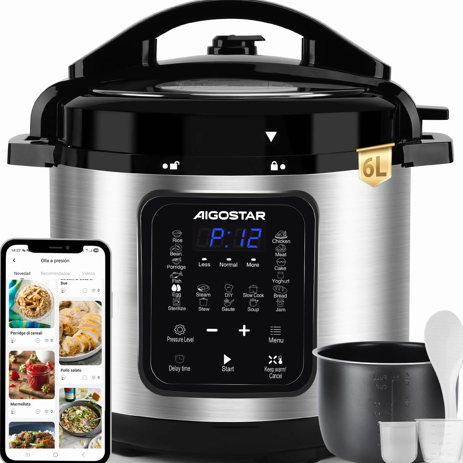 Aigostar Pentola a Pressione Elettrica 6L 1000W, 18 Programmi Automatici, 3 Livelli di Pressione Regolabili, 24H Timer, Funzione Mantieni Caldo, Display LED, Interno Antiaderente, Sliver