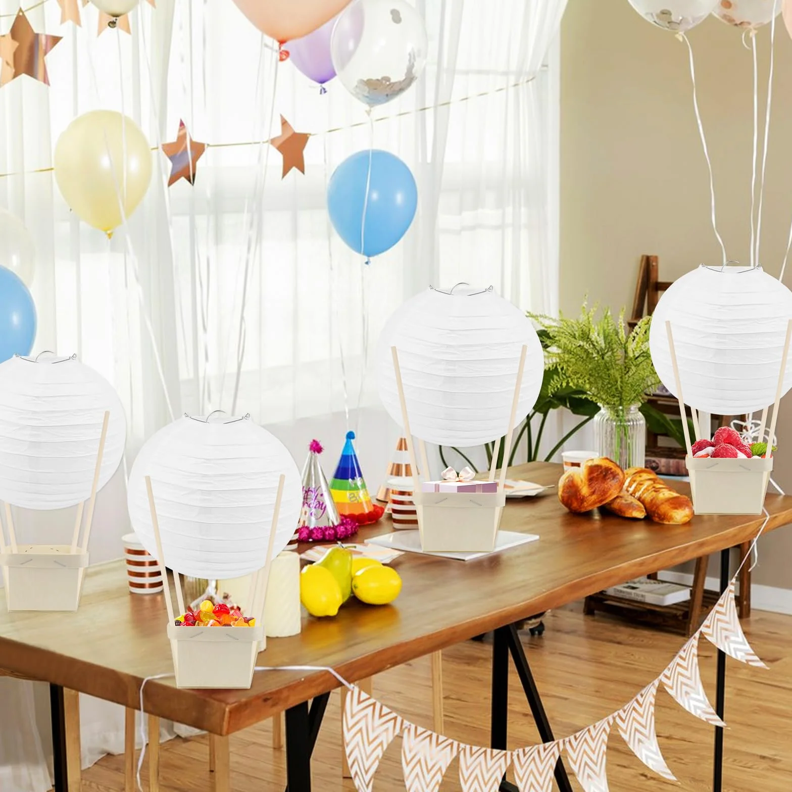 Lanterne di Carta per Palloncini ad Aria Calda DIY Scatole di Legno con Bastoncini Decorazione Festa Compleanno Natale (Bianco)