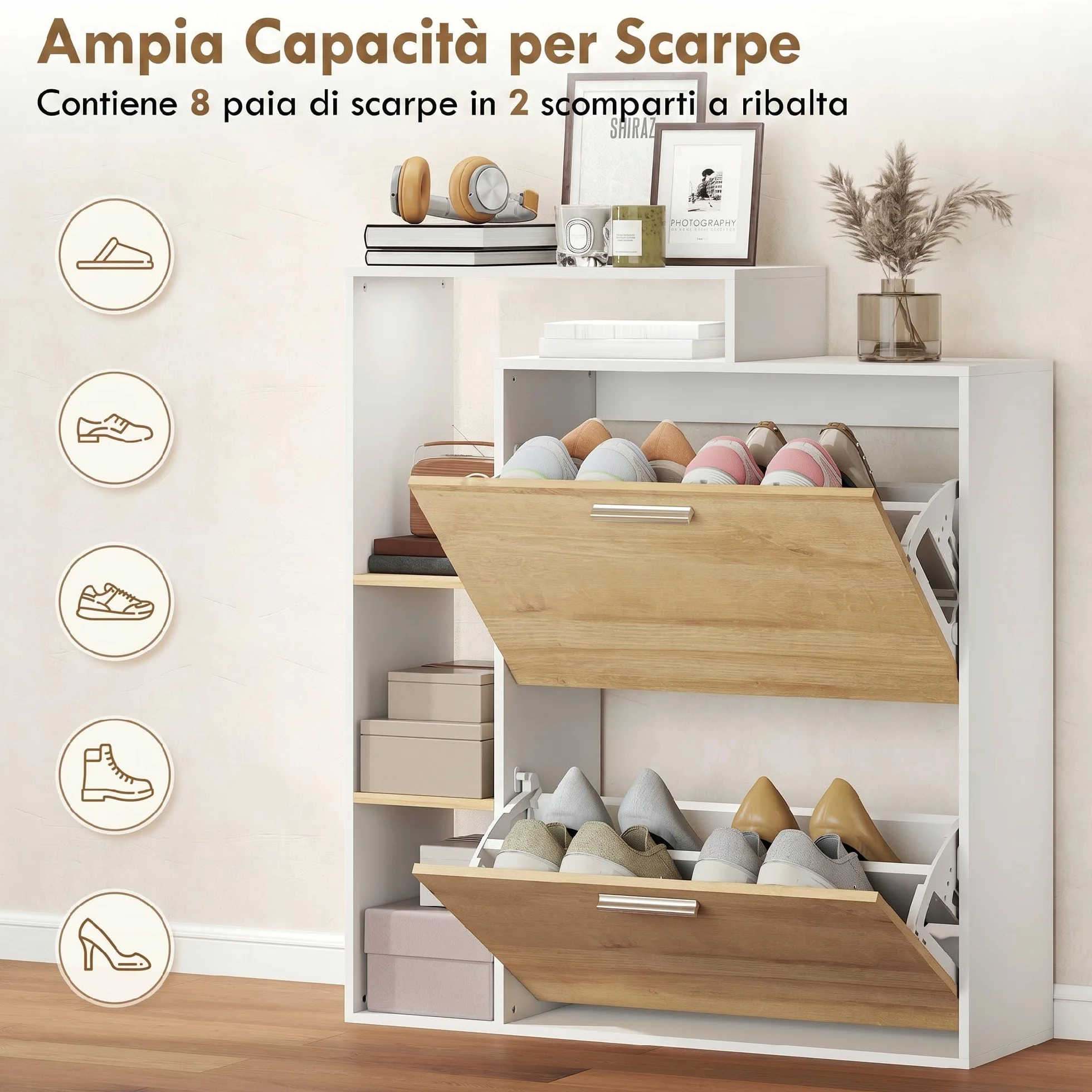 HOMCOM Scarpiera Salvaspazio Slim con 2 Ante a Ribalta, Scarpiera Ingresso con Ripiani Regolabili, 3 Ripiani Aperti, Porta Scarpe per 8 Paia in Legno con Maniglia, 80x26x90 cm, Bianco e Legno Naturale